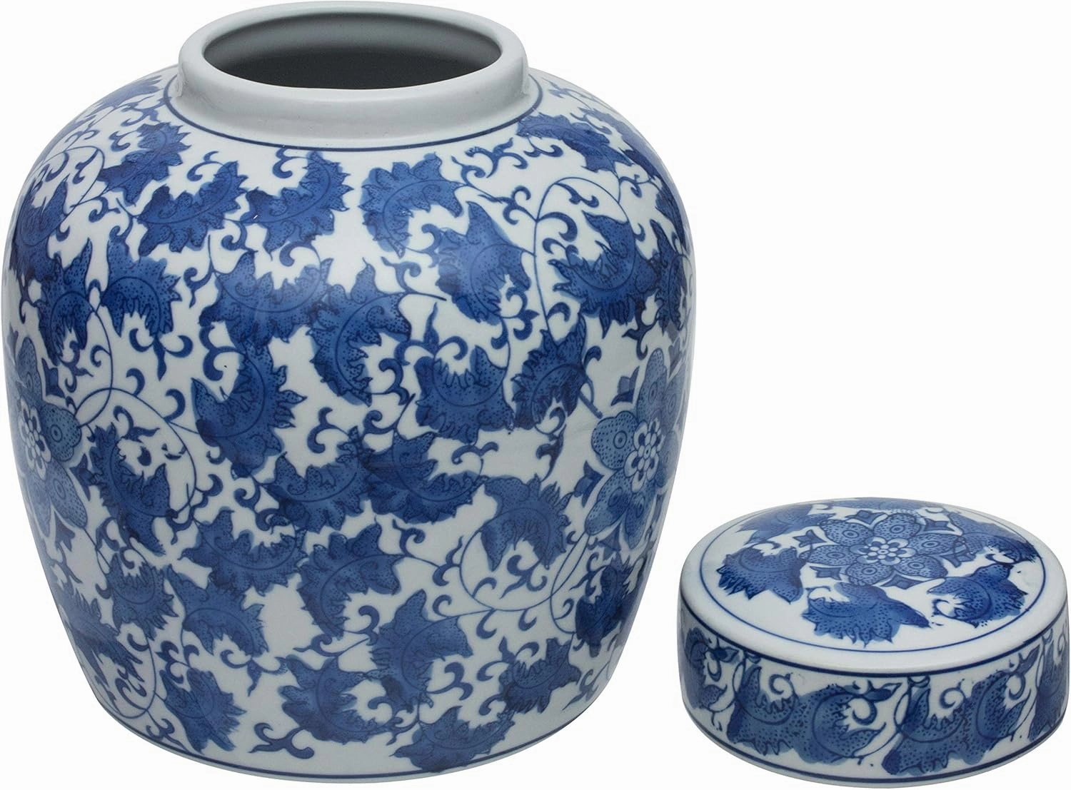 Red Lantern 10" Floral Blue & White Porcelain Ginger Jar