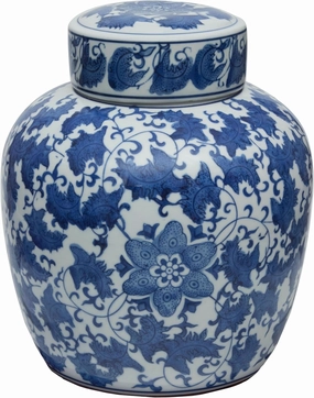 Red Lantern 10" Floral Blue & White Porcelain Ginger Jar