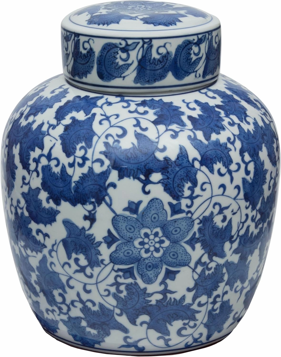 Red Lantern 10" Floral Blue & White Porcelain Ginger Jar