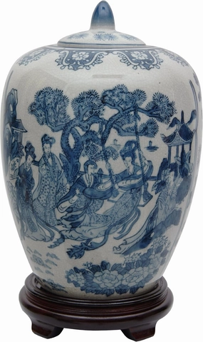 Red Lantern 11" Ladies Blue & White Porcelain Vase Jar