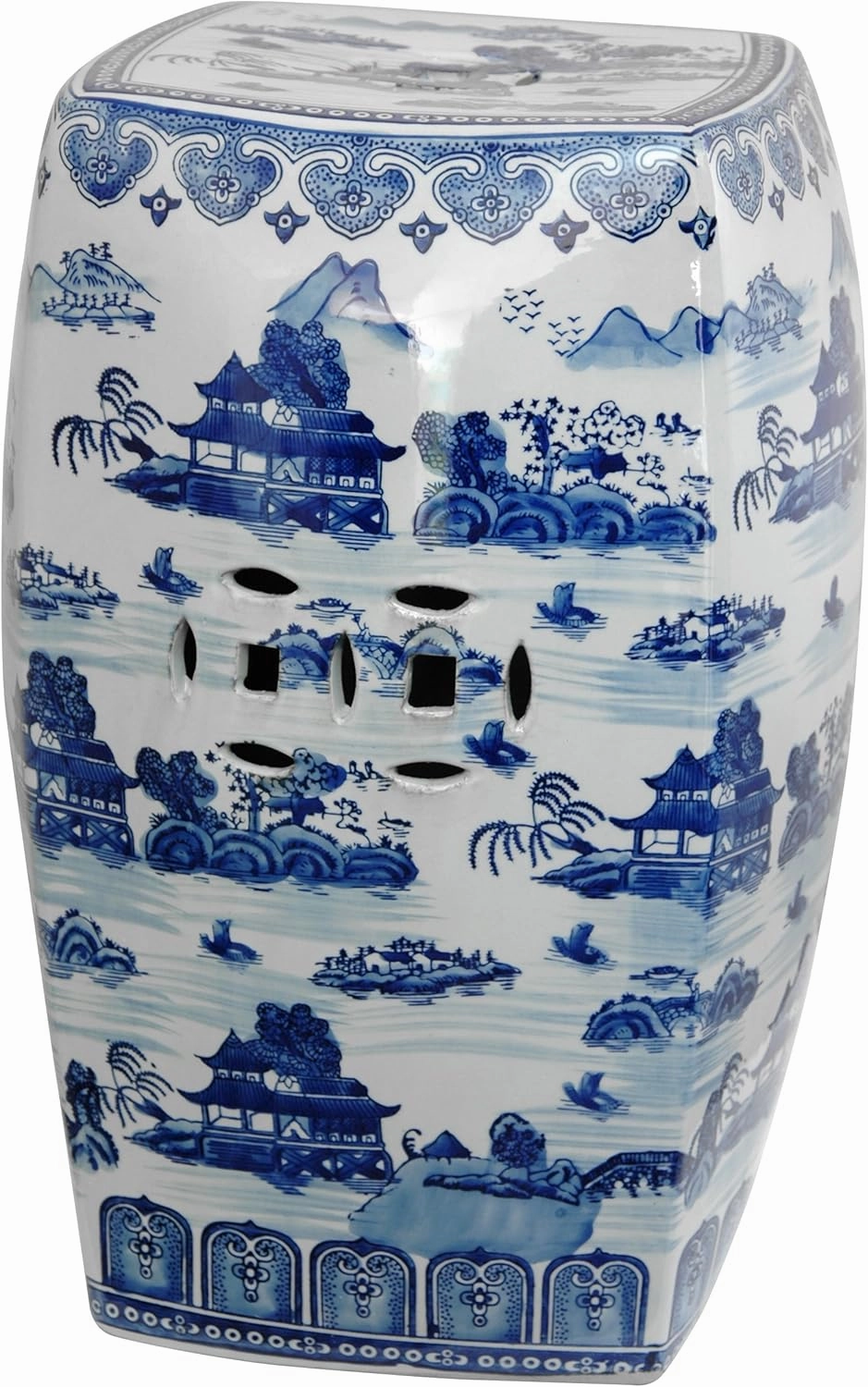 Red Lantern Classic Garden Stool-Design and Shape Seating, Square, Landscape Blue/White