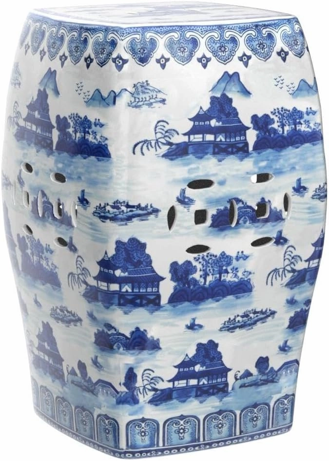 Red Lantern Classic Garden Stool-Design and Shape Seating, Square, Landscape Blue/White