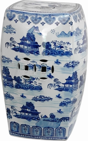 Red Lantern Classic Garden Stool-Design and Shape Seating, Square, Landscape Blue/White