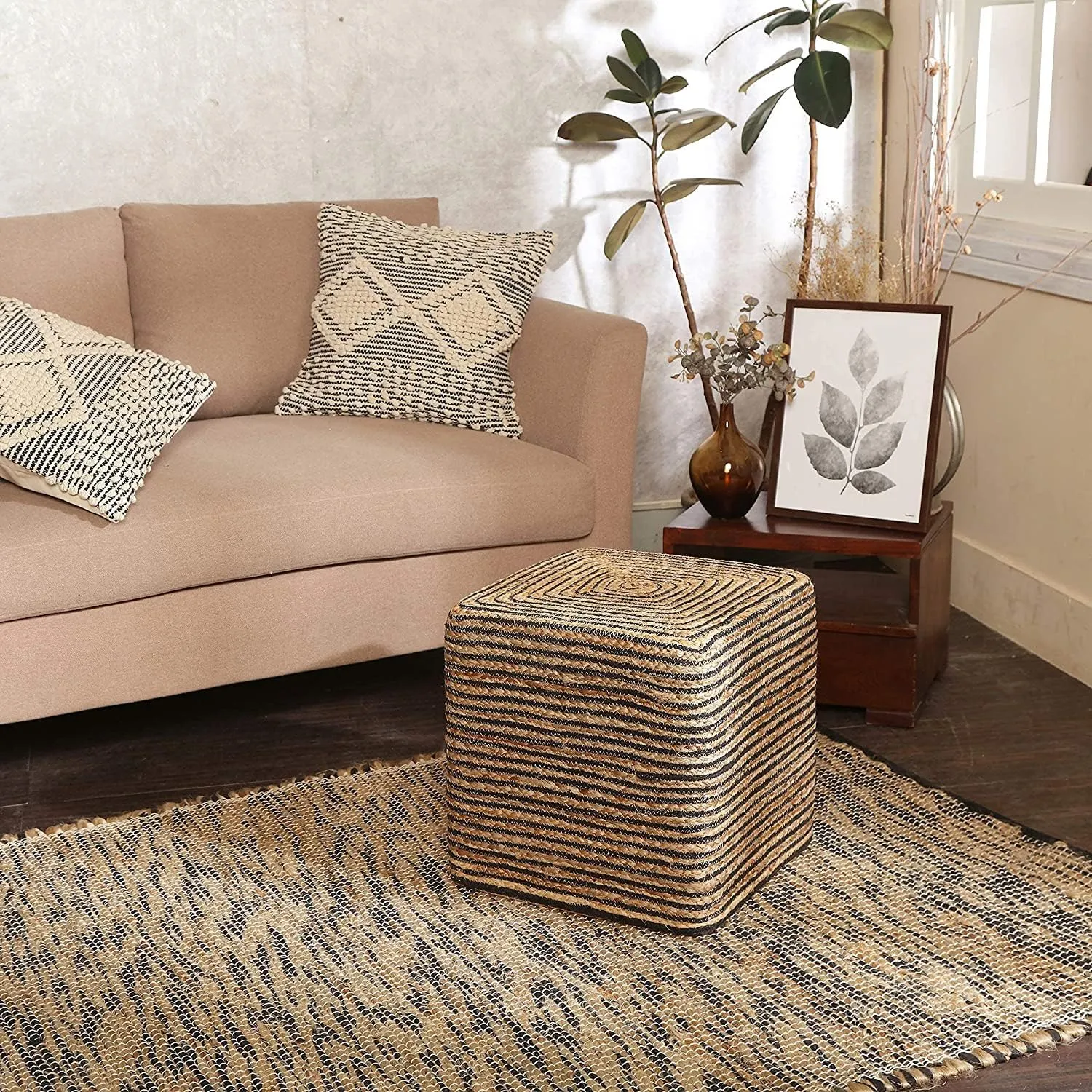 REDEARTH · Cube Pouf Foot Stool Ottoman - Jute Braided Pouffe Poof Accent Sitting Footrest for The Living Room, Bedroom, Nursery, Patio, Lounge 50% Jute 50% Cotton (14.5”x14.5”x16”; Natural Black)