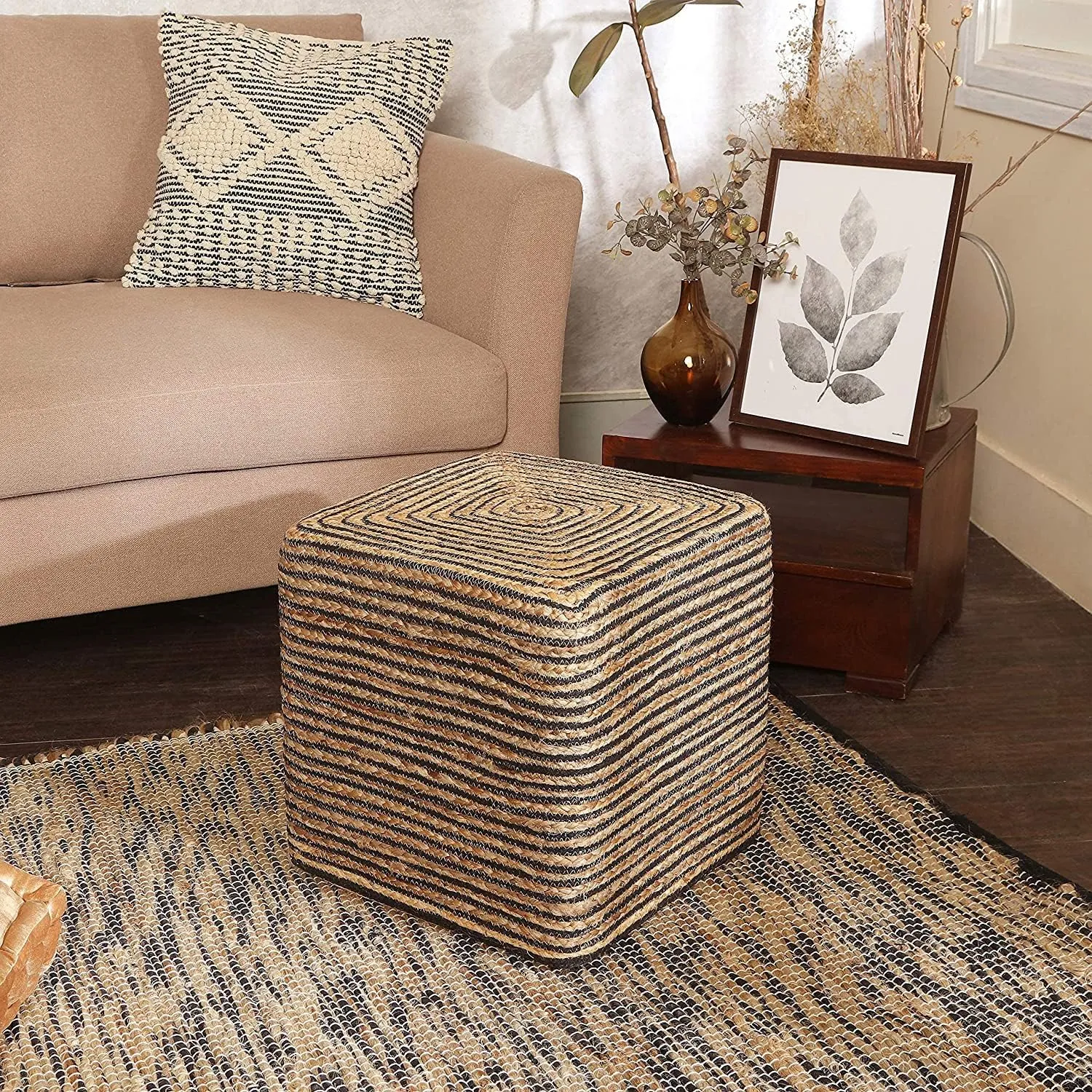 REDEARTH · Cube Pouf Foot Stool Ottoman - Jute Braided Pouffe Poof Accent Sitting Footrest for The Living Room, Bedroom, Nursery, Patio, Lounge 50% Jute 50% Cotton (14.5”x14.5”x16”; Natural Black)