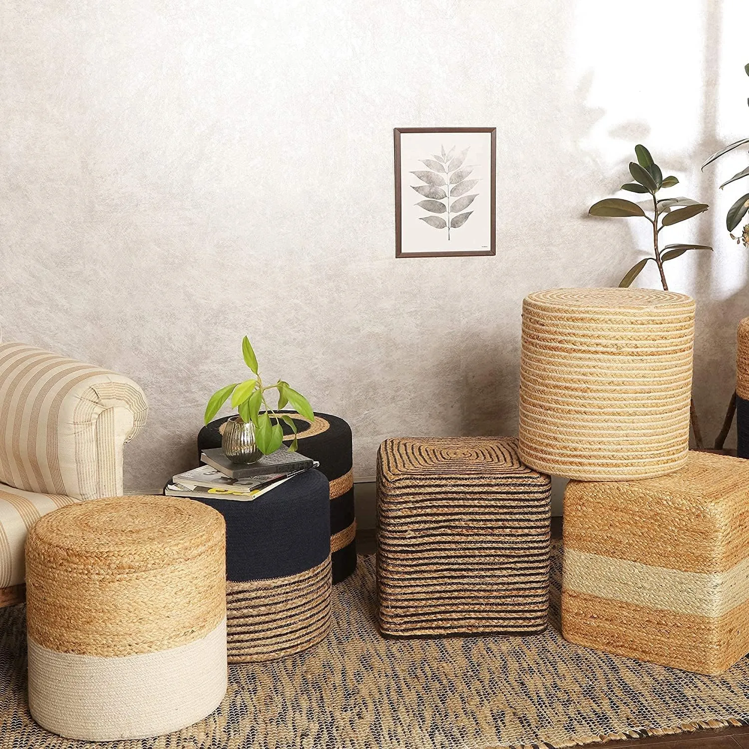 REDEARTH · Cube Pouf Foot Stool Ottoman - Jute Braided Pouffe Poof Accent Sitting Footrest for The Living Room, Bedroom, Nursery, Patio, Lounge 50% Jute 50% Cotton (14.5”x14.5”x16”; Natural Black)