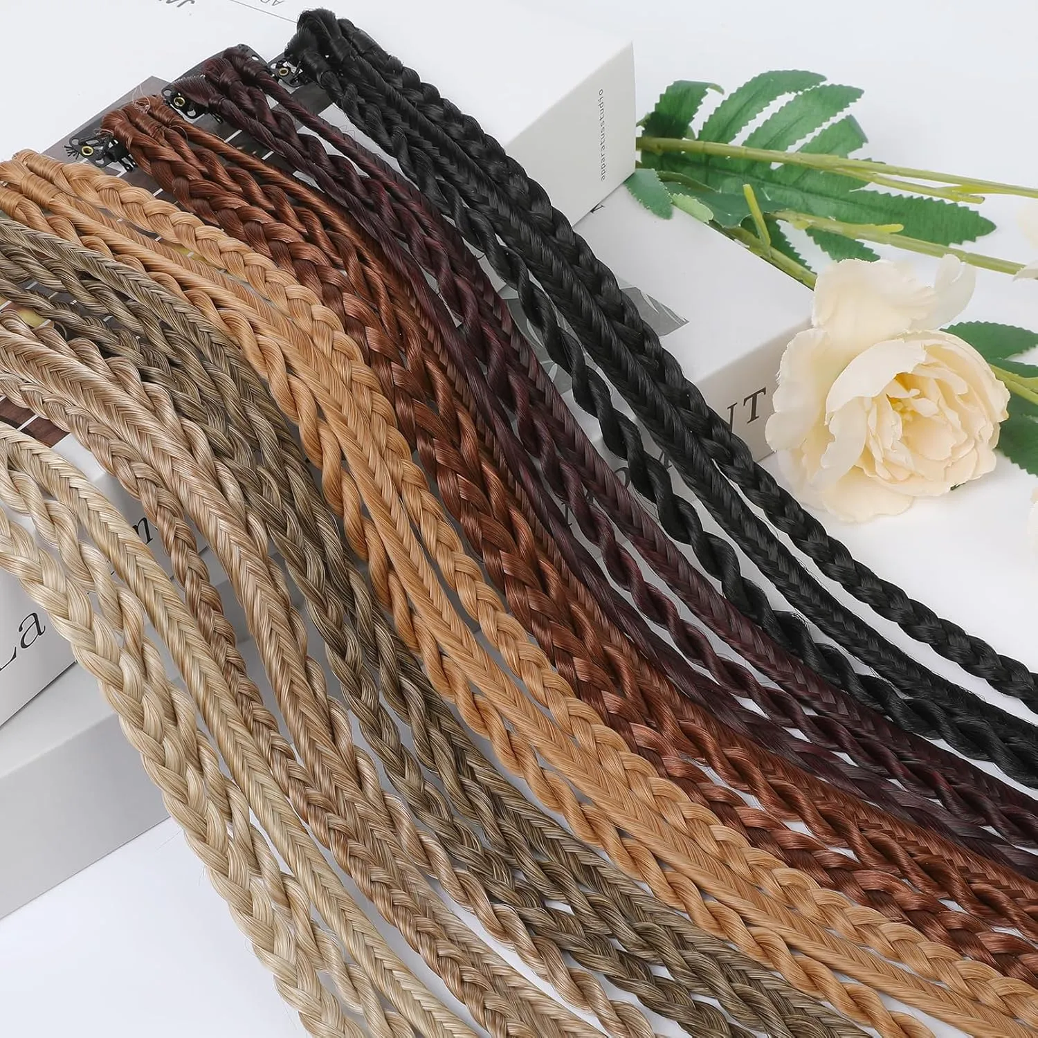 REECHO Clip-in Braids Hair Extension, 6 Braids Total, 22" Long Natural Soft Synthetic Hairpieces (Dark Brown with Copper Highlights)