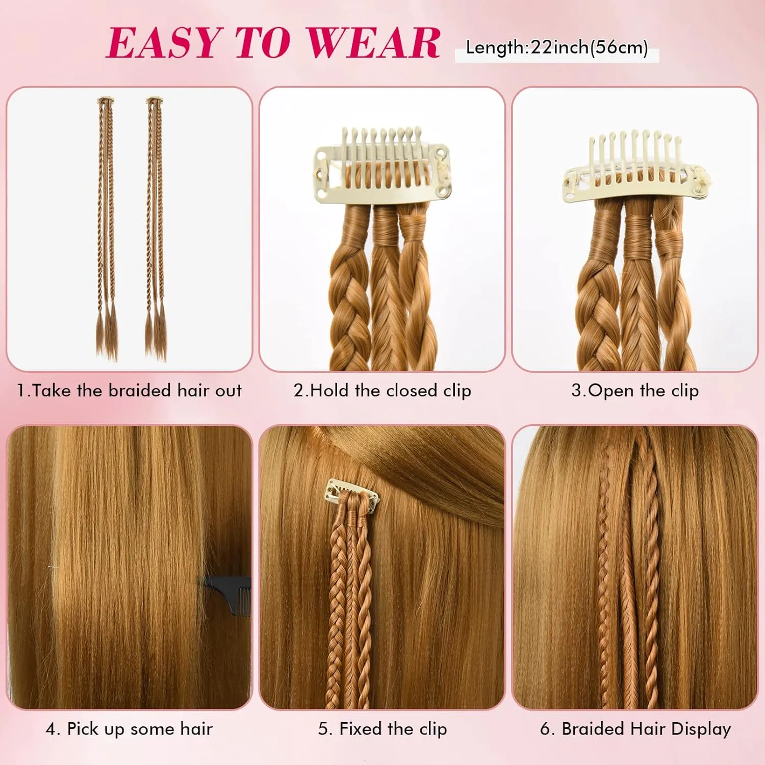 REECHO Clip-in Braids Hair Extension, 6 Braids Total, 22" Long Natural Soft Synthetic Hairpieces (Dark Brown with Copper Highlights)