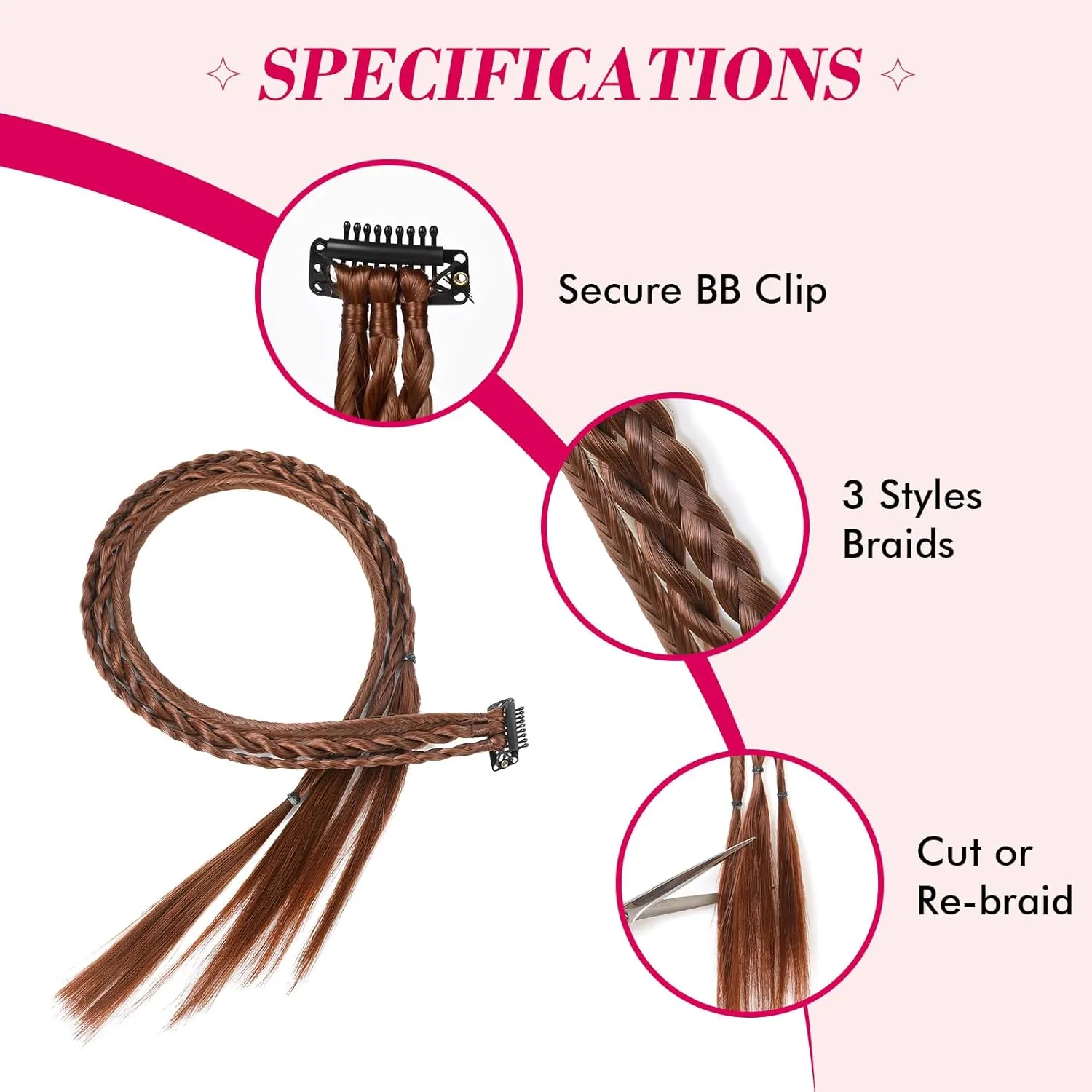 REECHO Clip-in Braids Hair Extension, 6 Braids Total, 22" Long Natural Soft Synthetic Hairpieces (Dark Brown with Copper Highlights)