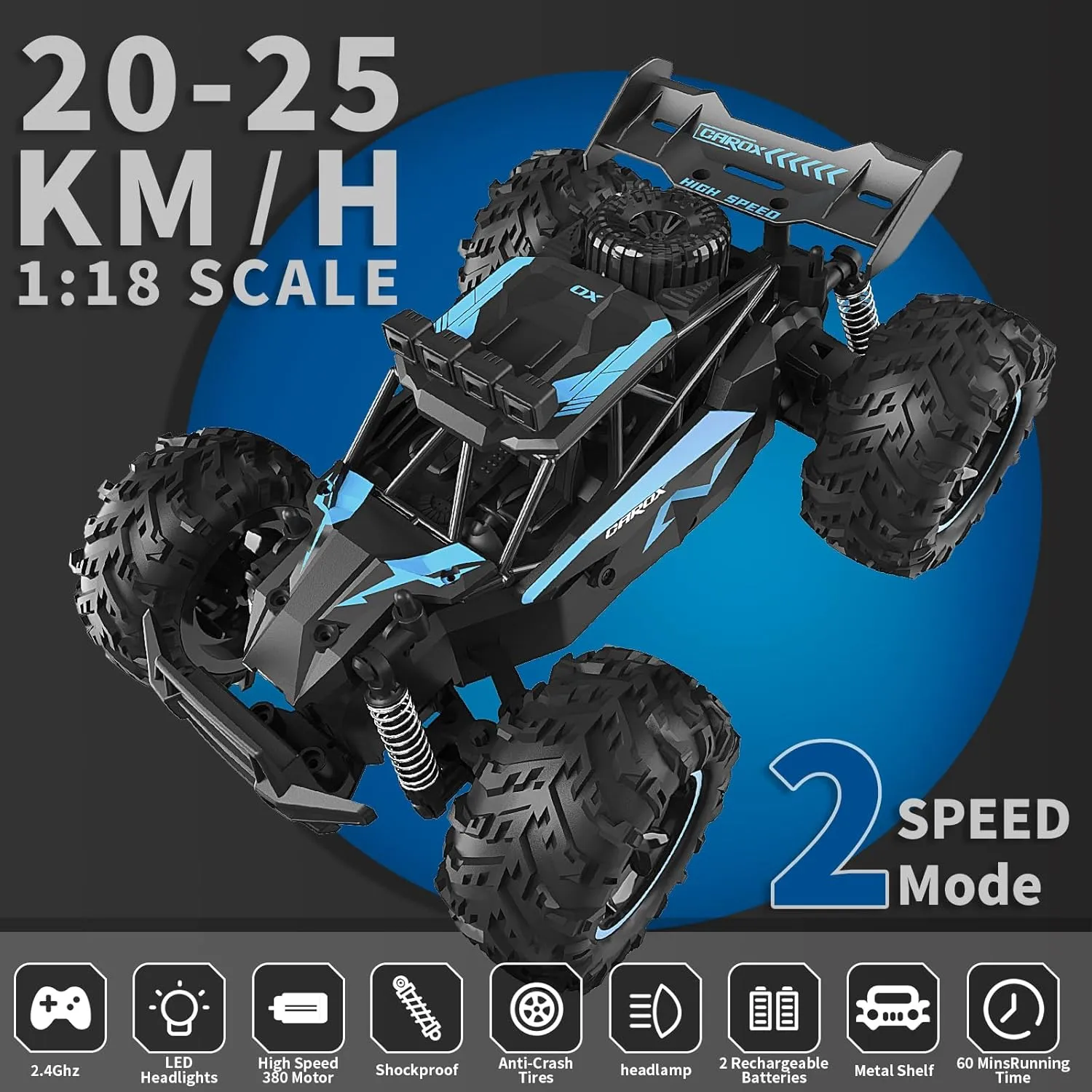 Remote Control Car, 2.4GHz 20-25KM/H Variable Speed Turbo 2-Speed Acceleration High Speed RC Car, 1:16 Off-Road Monster Truck with LED Lights and 1800mAh Rechargeable Battery – Ideal Gift for Boys 6