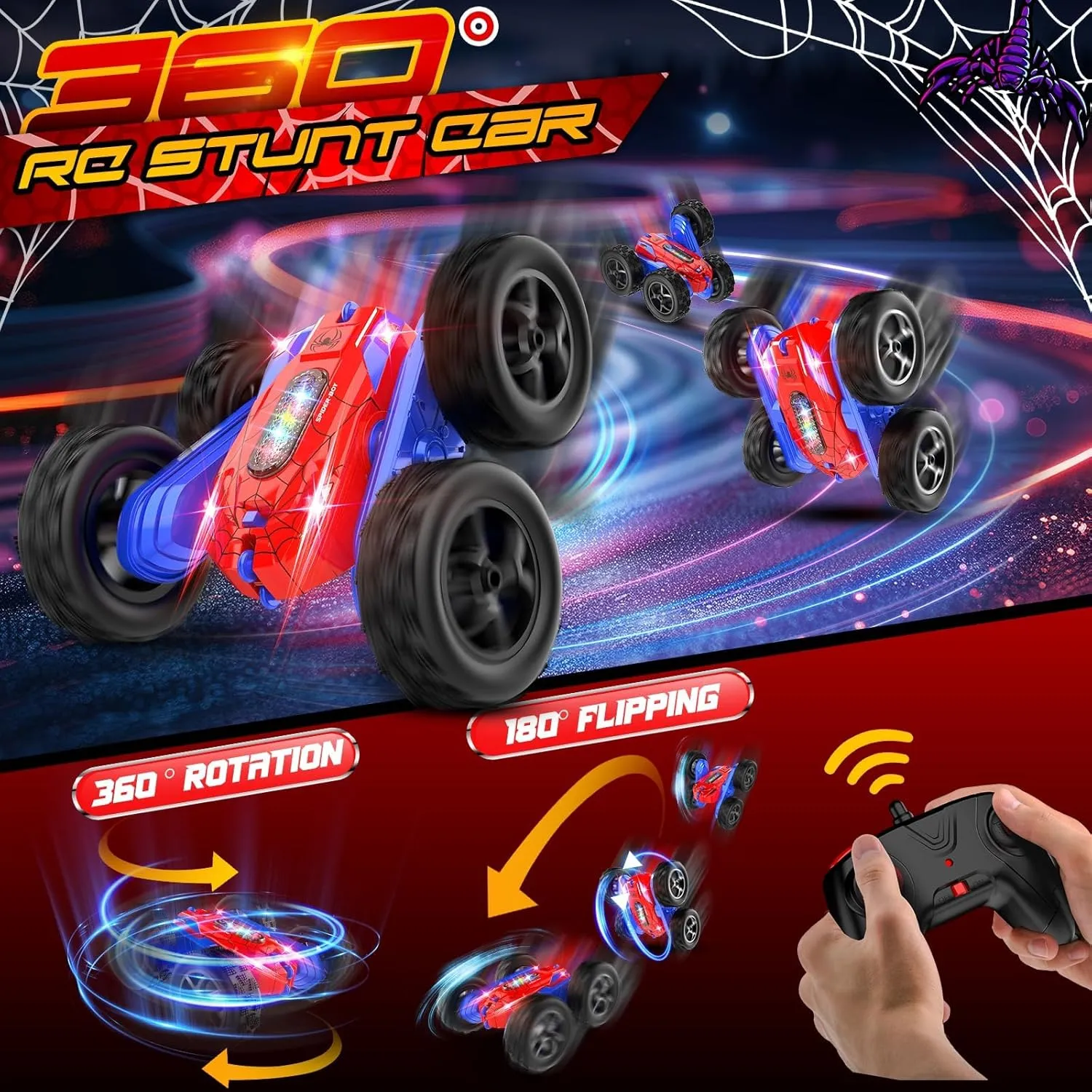 Remote Control Car, Double-Sided 360 ° Flipping Rotating RC Car, RC Stunt Car with Colorful LED Lights, 4WD RC Toy Car for Boys Age 8-12 and Boys Girls Birthday Present