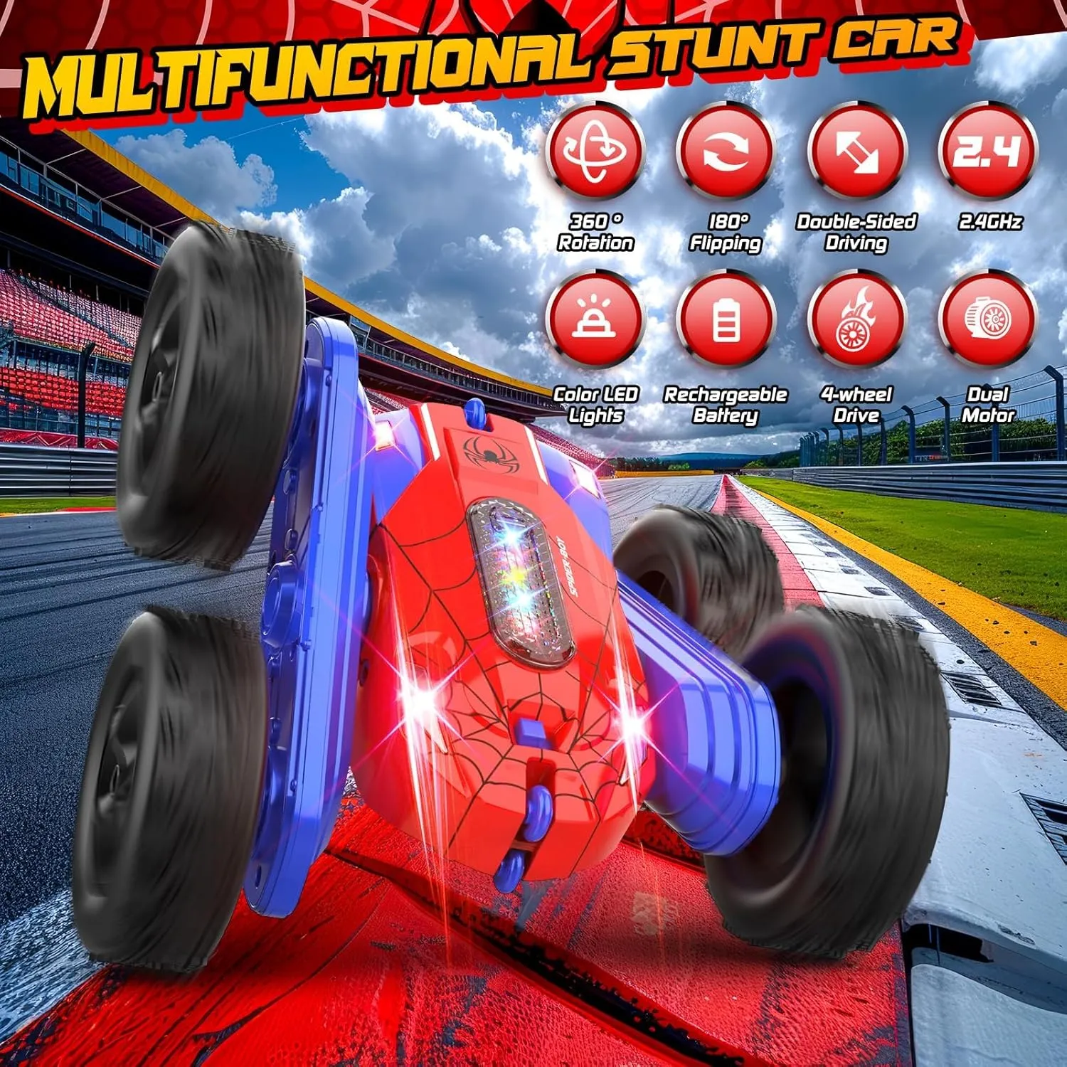 Remote Control Car, Double-Sided 360 ° Flipping Rotating RC Car, RC Stunt Car with Colorful LED Lights, 4WD RC Toy Car for Boys Age 8-12 and Boys Girls Birthday Present