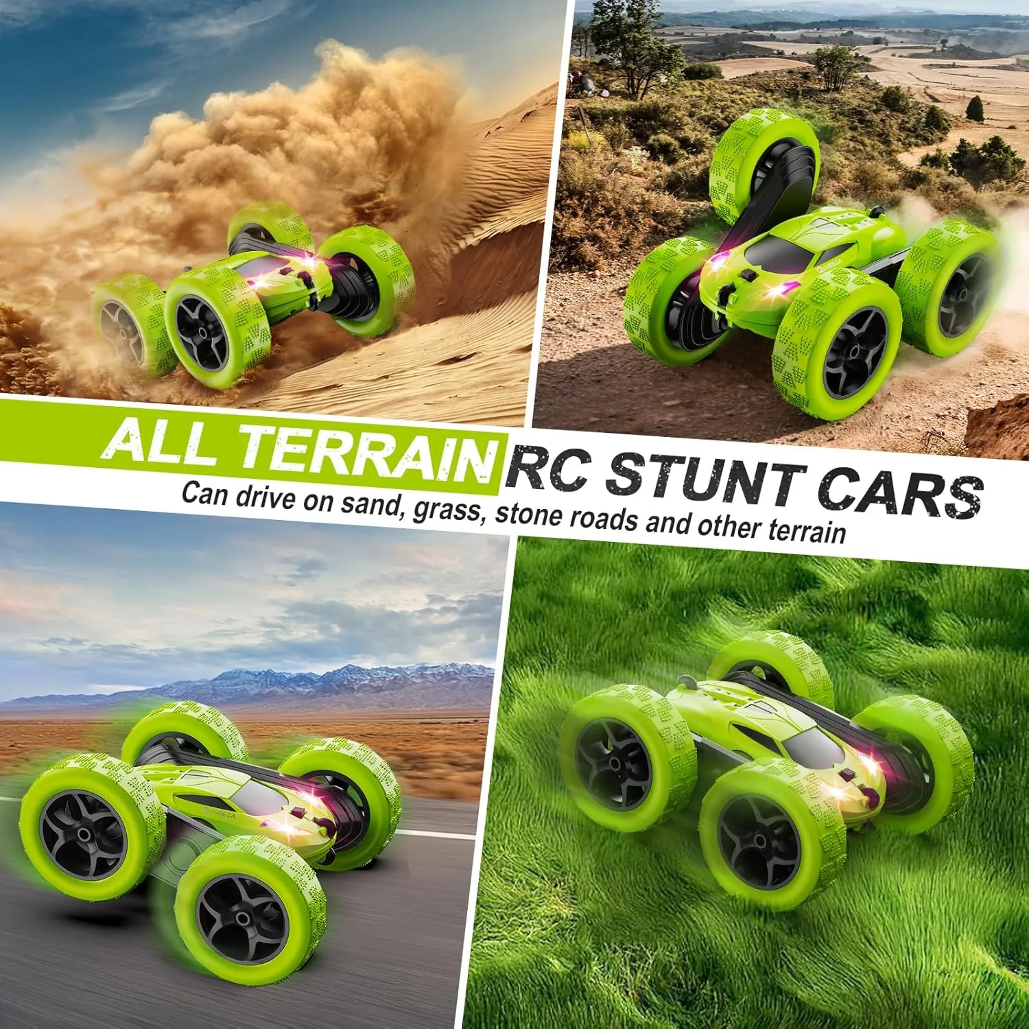 Remote Control Car for Kids Ages 6 , RC Cars Stunt Car Toy 4WD Double Sided 360° Rotating Remote Control with Headlights, Birthday Xmas Gifts for Boys 6 7 8 9 10 11 12 Green