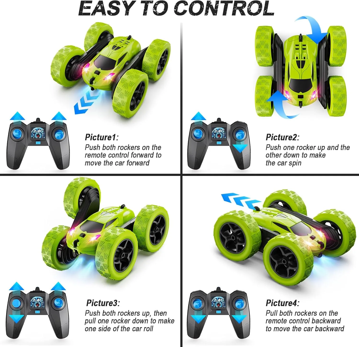 Remote Control Car for Kids Ages 6 , RC Cars Stunt Car Toy 4WD Double Sided 360° Rotating Remote Control with Headlights, Birthday Xmas Gifts for Boys 6 7 8 9 10 11 12 Green