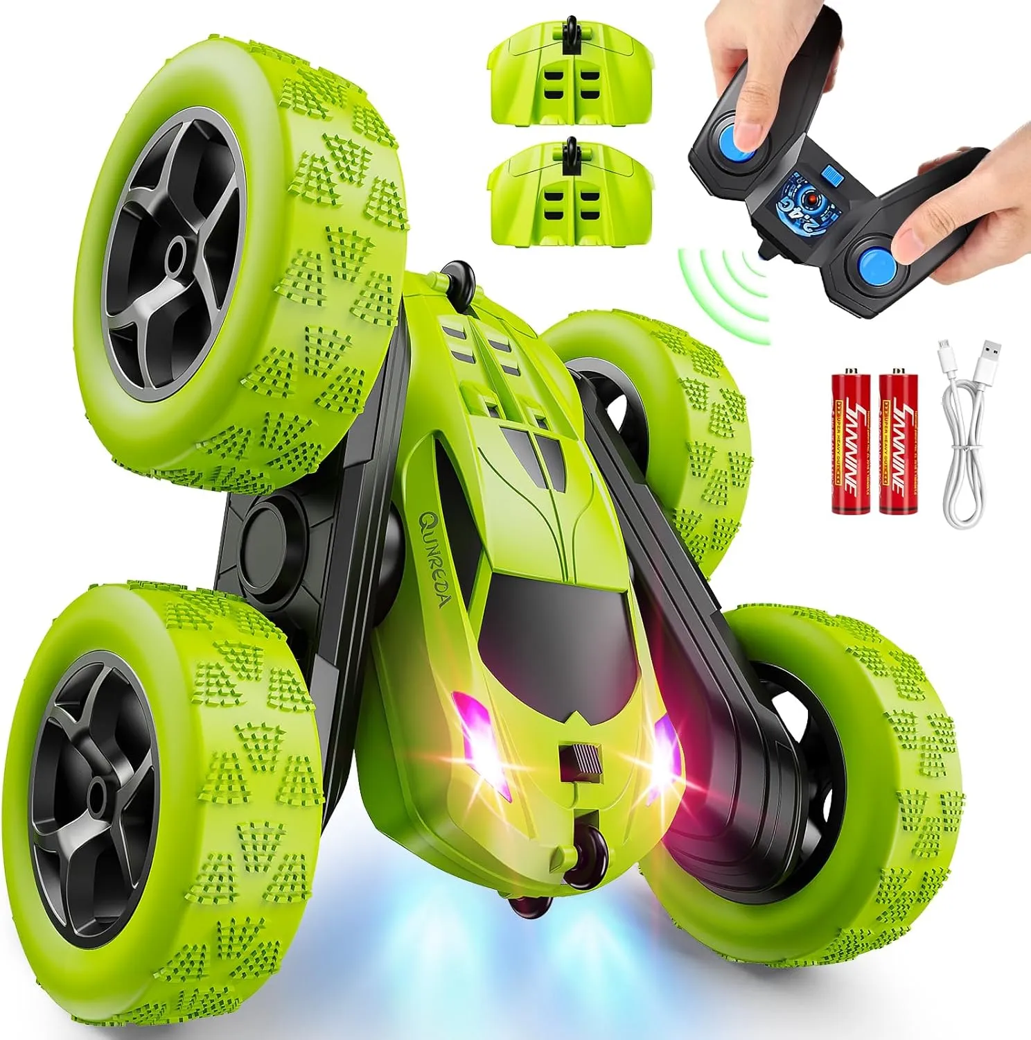 Remote Control Car for Kids Ages 6 , RC Cars Stunt Car Toy 4WD Double Sided 360° Rotating Remote Control with Headlights, Birthday Xmas Gifts for Boys 6 7 8 9 10 11 12 Green