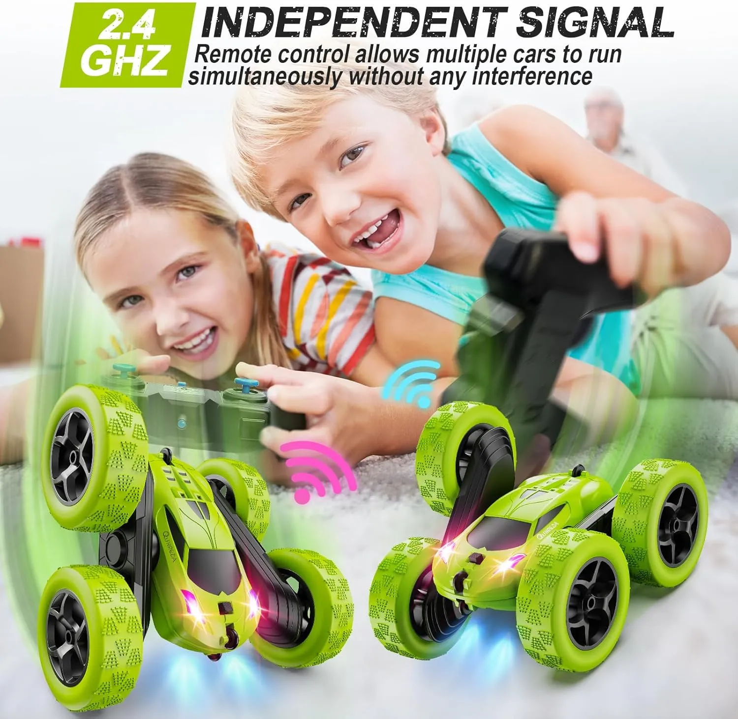 Remote Control Car for Kids Ages 6 , RC Cars Stunt Car Toy 4WD Double Sided 360° Rotating Remote Control with Headlights, Birthday Xmas Gifts for Boys 6 7 8 9 10 11 12 Green