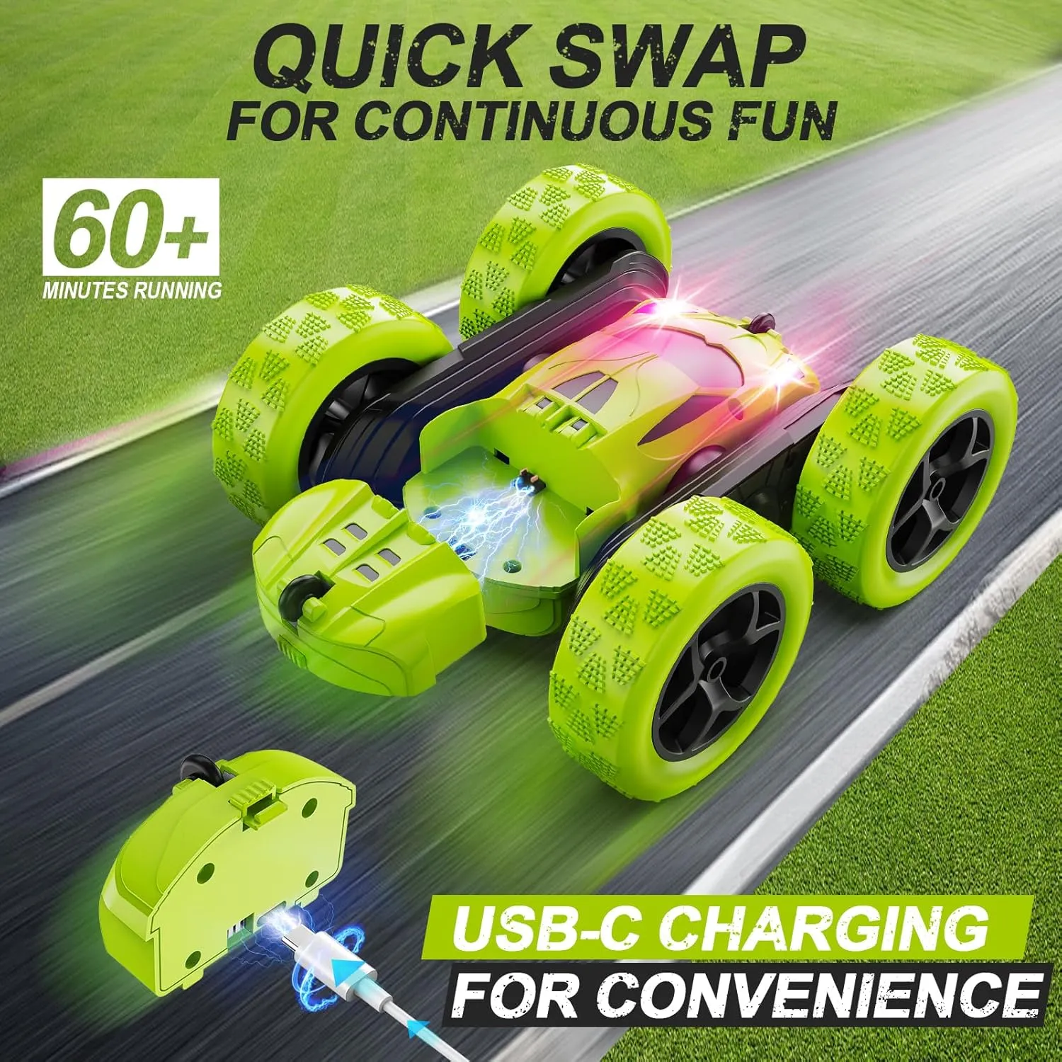 Remote Control Car for Kids Ages 6 , RC Cars Stunt Car Toy 4WD Double Sided 360° Rotating Remote Control with Headlights, Birthday Xmas Gifts for Boys 6 7 8 9 10 11 12 Green