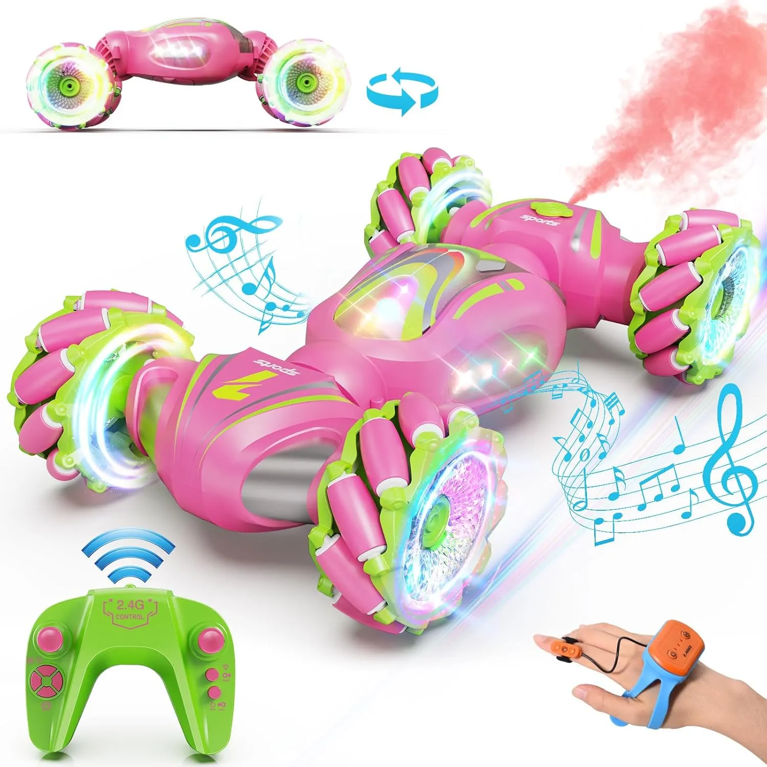 Remote Control Car, Pink RC Cars for Girls, Gesture Stunt with Light & Music, 4WD, 360° Rotating, 2.4Ghz Remote Control Car Toys, Birthday Gift for Kids Age 6 
