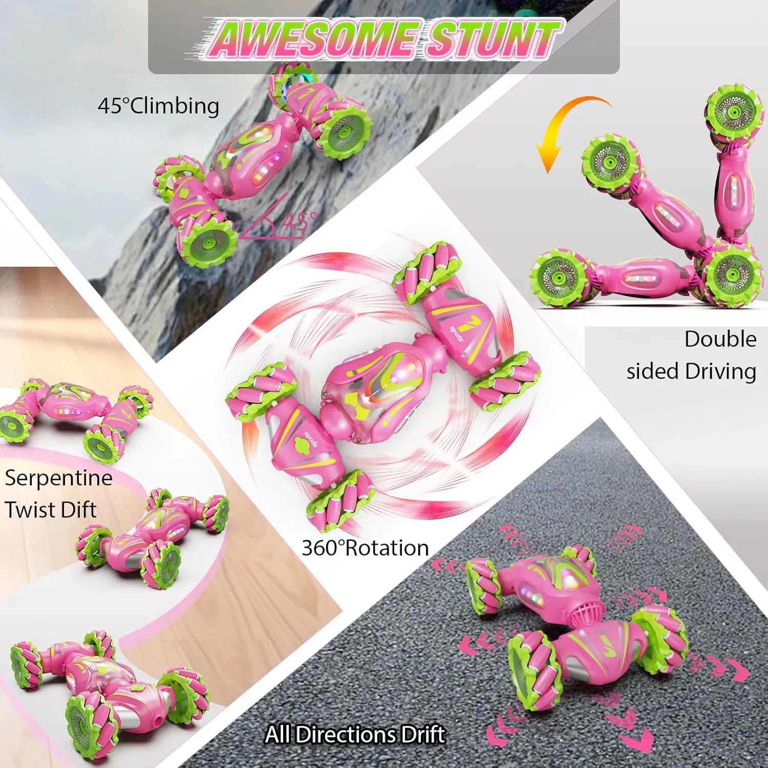Remote Control Car, Pink RC Cars for Girls, Gesture Stunt with Light & Music, 4WD, 360° Rotating, 2.4Ghz Remote Control Car Toys, Birthday Gift for Kids Age 6 