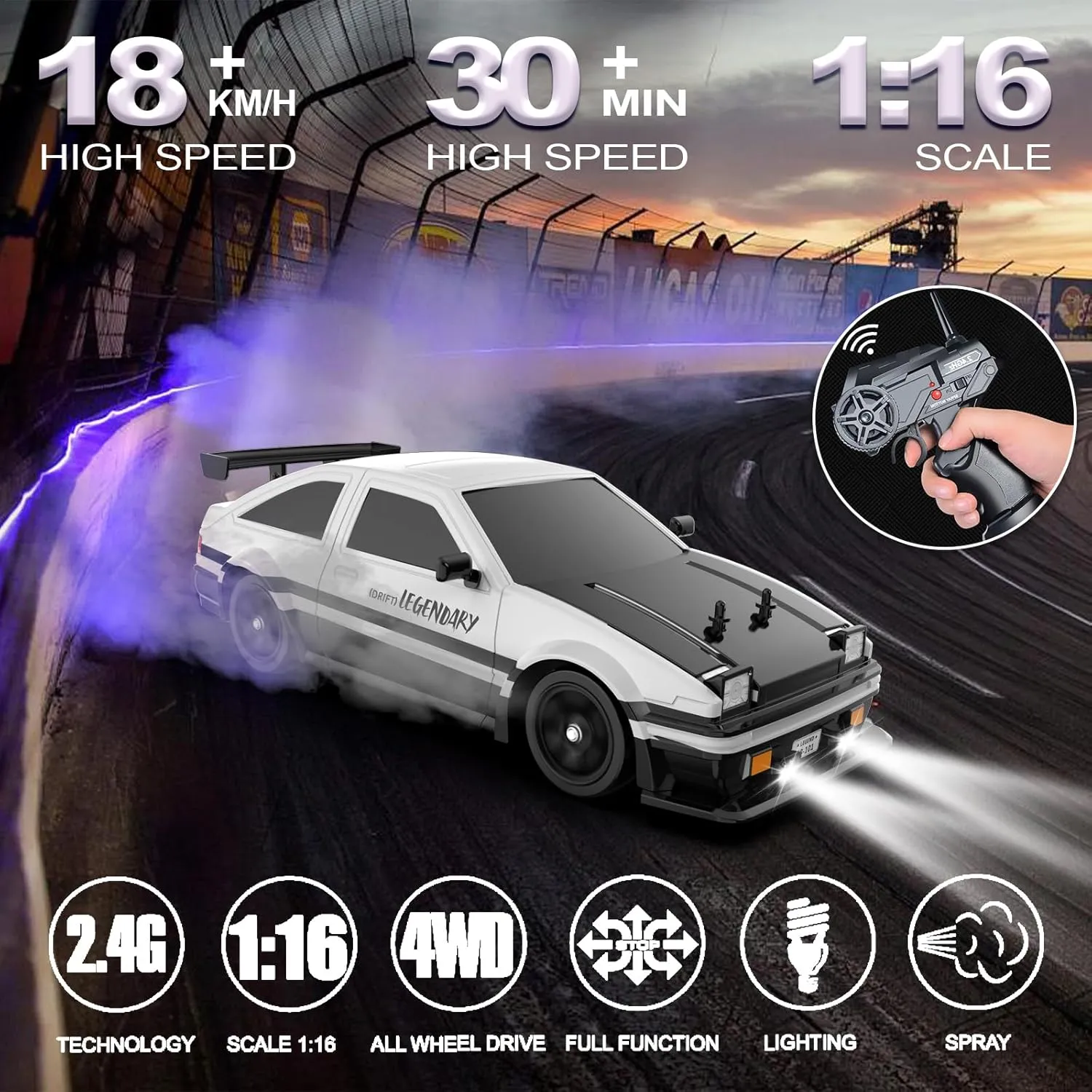 Remote Control Car RC Drift Car 1:16 Scale 4WD 18KM/H High Speed Model Vehicle 2.4GHz with LED Lights Spray Rubber Tire Racing Sport Toy for Adults Boys Girls Kids Gift 2Pcs Rechargeable Batteries