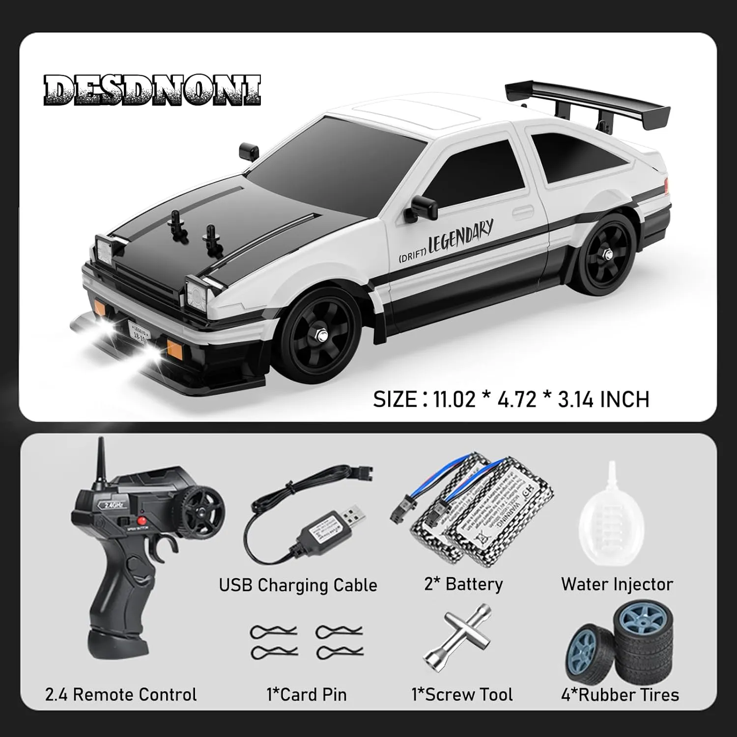 Remote Control Car RC Drift Car 1:16 Scale 4WD 18KM/H High Speed Model Vehicle 2.4GHz with LED Lights Spray Rubber Tire Racing Sport Toy for Adults Boys Girls Kids Gift 2Pcs Rechargeable Batteries