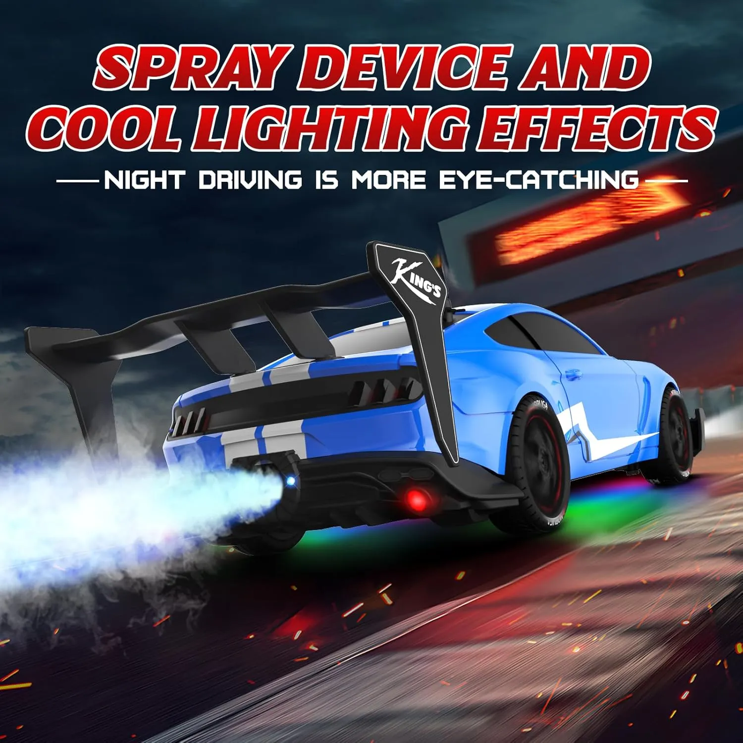Remote Control Car RC Drift Car 1:16 Scale 4WD RC Vehicle with Spray, Cool Lights, 2.4GHz 30km/h RTR High Speed Racing Sport Toy for Adults Boys Girls Kids Gift 2Pcs Rechargeable Battery