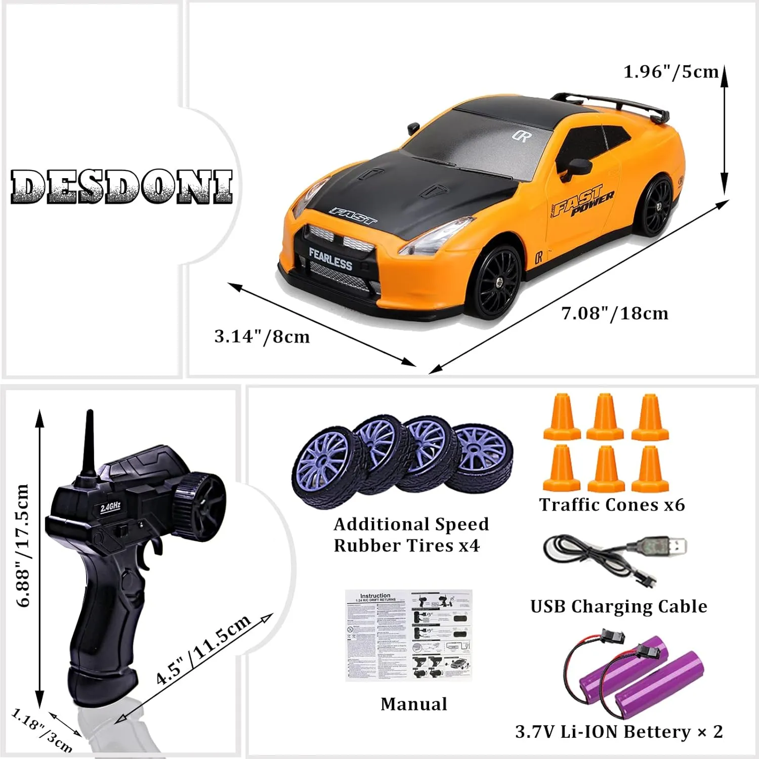 Remote Control Car RC Drift Car 2.4GHz 1:24 Scale 4WD 15KM/H High Speed Model Vehicle with LED Lights Drifting Tire Racing Sport Toy Car for Adults Boys Girls Kids Gift 2Pcs Rechargeable Batteries
