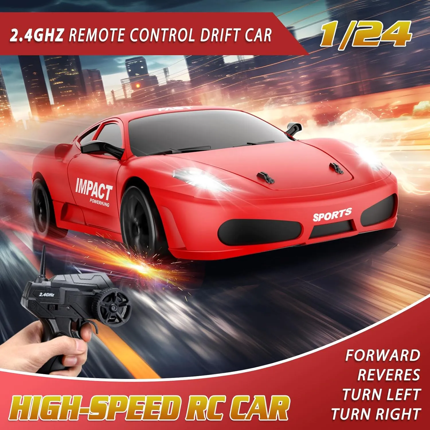 Remote Control Car RC Drift Car 2.4GHz 1:24 Scale 4WD High Speed RC Cars Vehicle with LED Lights Batteries and Drifting Tires Racing Sport Toy Cars for Adults Boys Girls Kids Gift