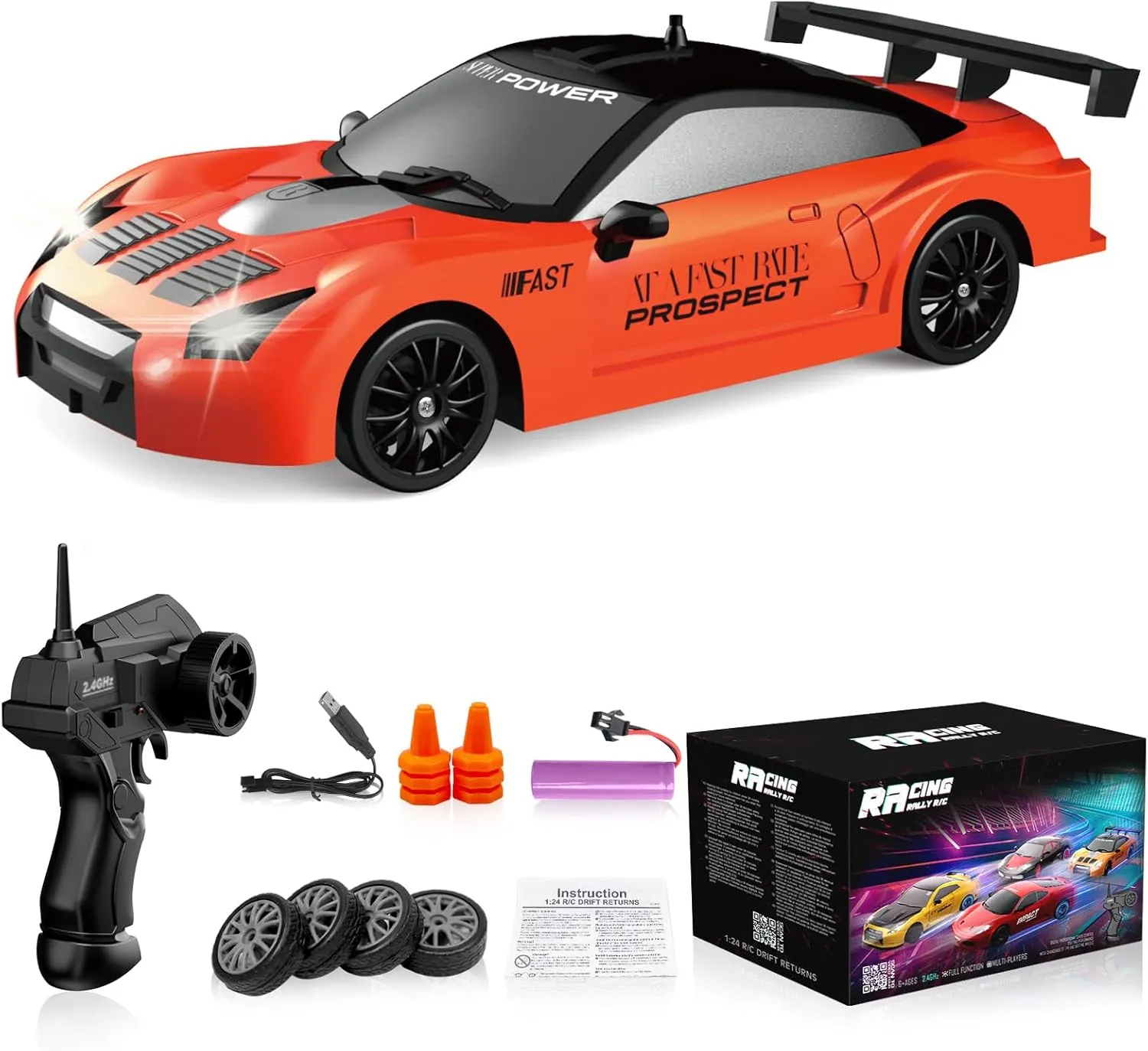 Remote Control Car RC Drift Car 2.4GHz 1:24 Scale 4WD High Speed RC Cars Vehicle with LED Lights Batteries and Drifting Tires Racing Sport Toy Cars for Adults Boys Girls Kids Gift