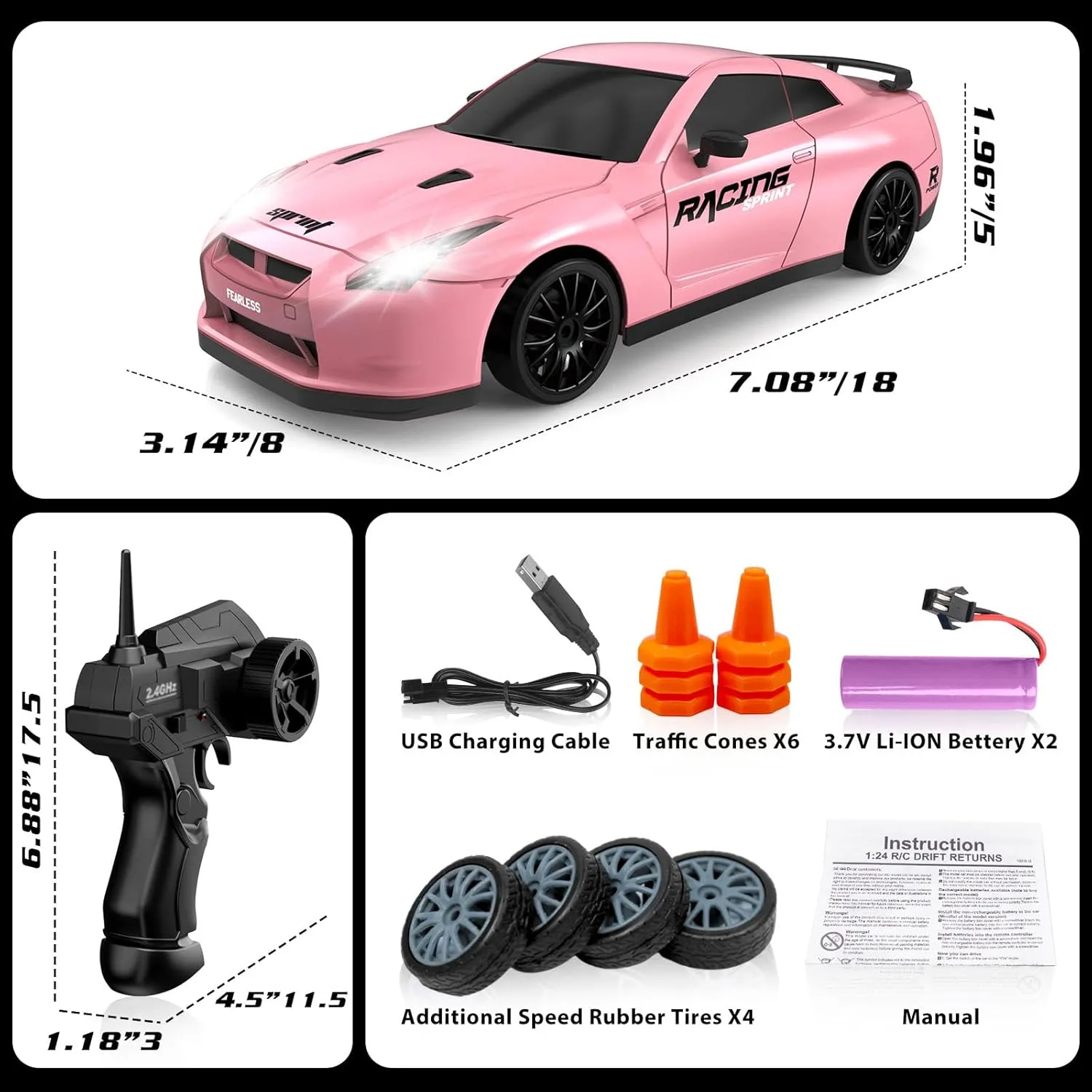 Remote Control Car RC Drift Car 2.4GHz 1:24 Scale 4WD High Speed RC Cars Vehicle with LED Lights Batteries and Drifting Tires Racing Sport Toy Cars for Adults Boys Girls Kids Gift
