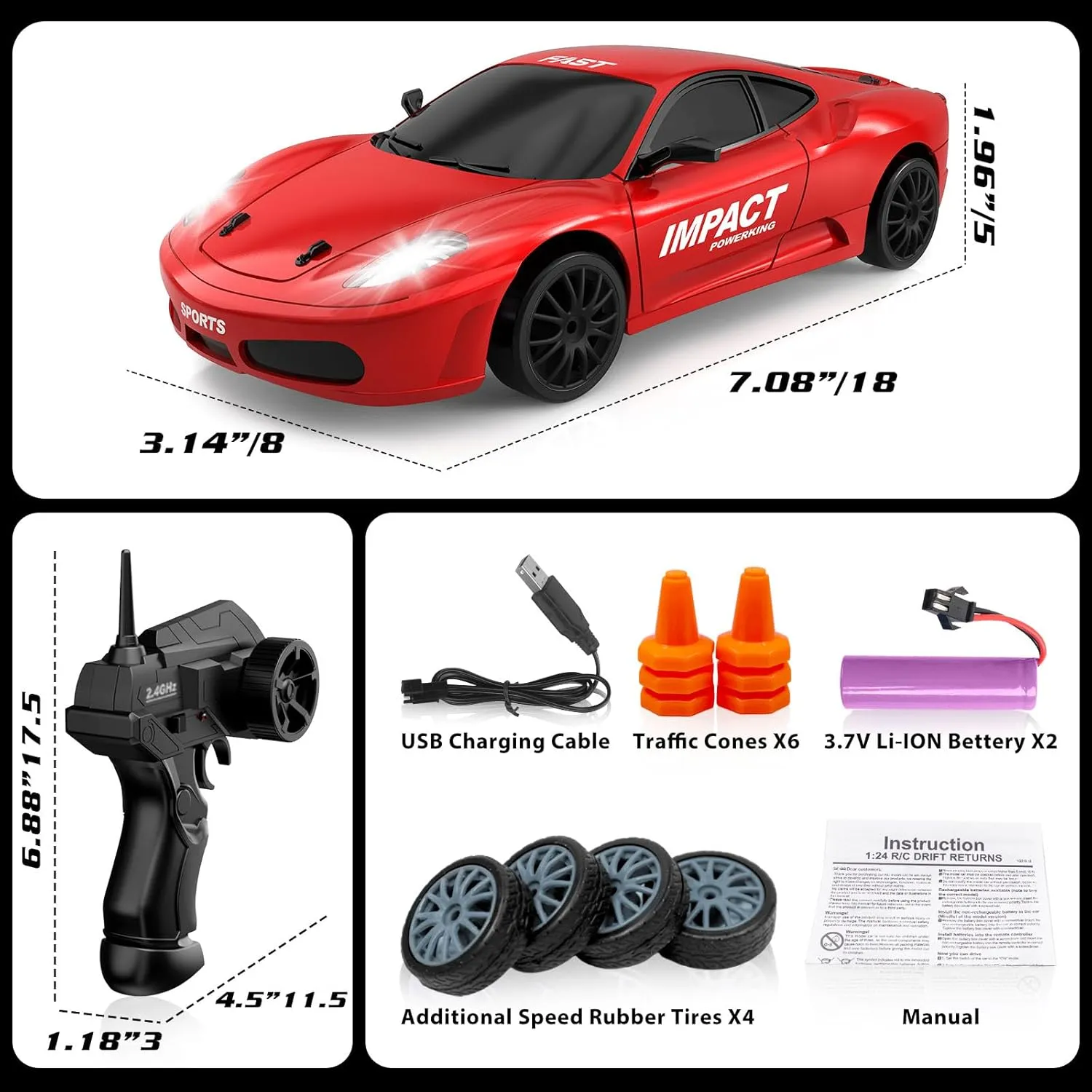 Remote Control Car RC Drift Car 2.4GHz 1:24 Scale 4WD High Speed RC Cars Vehicle with LED Lights Batteries and Drifting Tires Racing Sport Toy Cars for Adults Boys Girls Kids Gift
