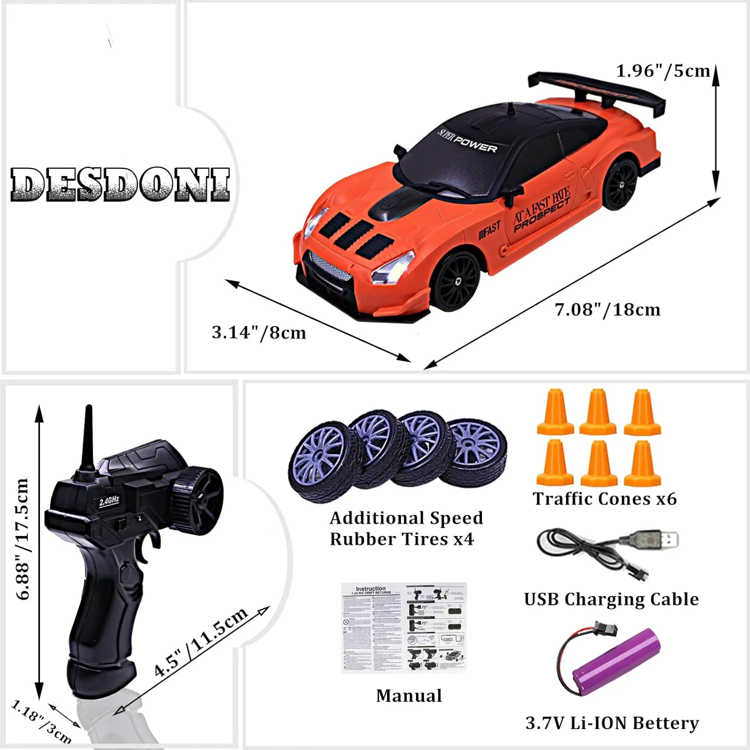 Remote Control Car RC Drift Car 2.4GHz 1:24 Scale 4WD High Speed RC Cars Vehicle with LED Lights Batteries and Drifting Tires Racing Sport Toy Cars for Adults Boys Girls Kids Gift