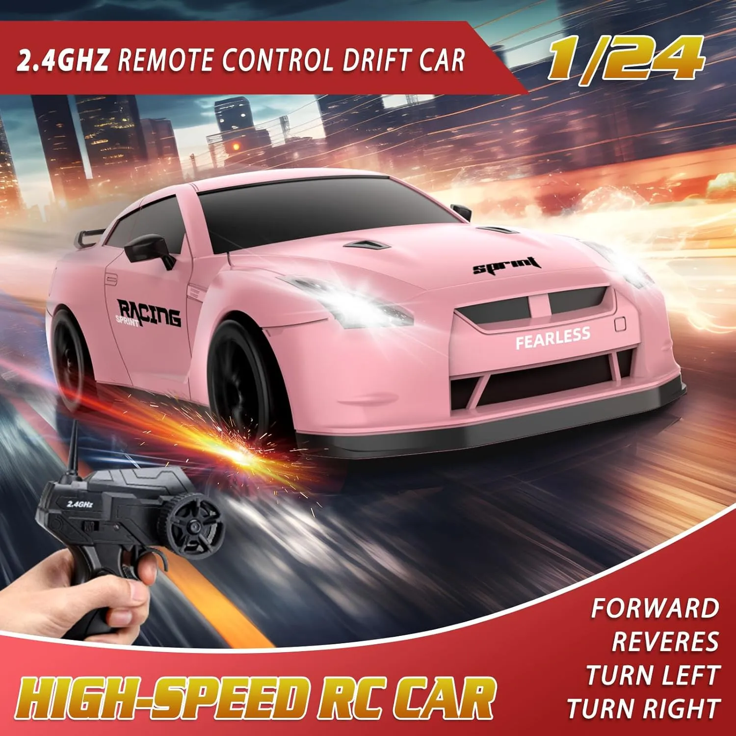 Remote Control Car RC Drift Car 2.4GHz 1:24 Scale 4WD High Speed RC Cars Vehicle with LED Lights Batteries and Drifting Tires Racing Sport Toy Cars for Adults Boys Girls Kids Gift