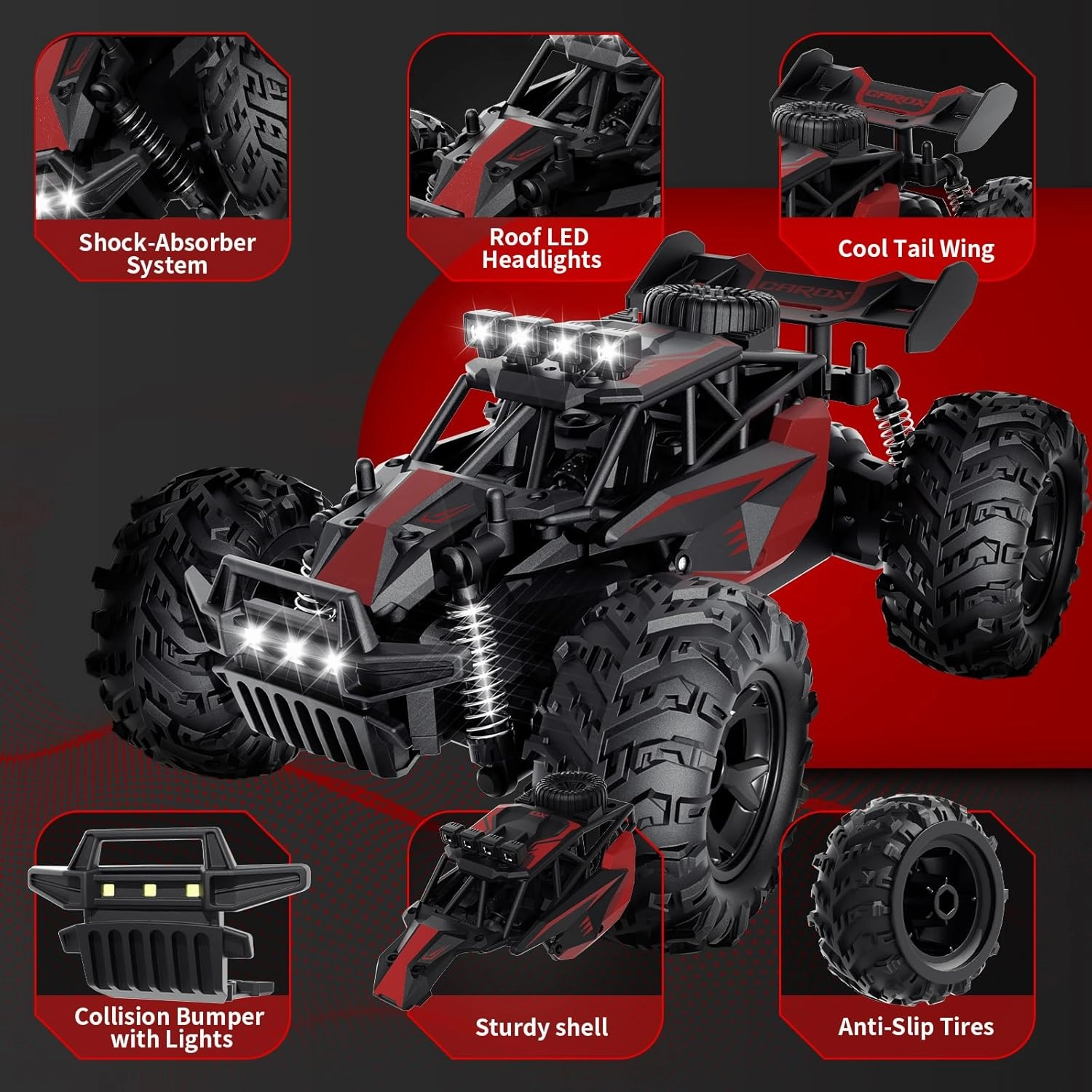 Remote Control Car, 2.4GHz 20-25KM/H Variable Speed Turbo 2-Speed Acceleration High Speed RC Car, 1:16 Off-Road Monster Truck with LED Lights and 1800mAh Rechargeable Battery – Ideal Gift for Boys 6