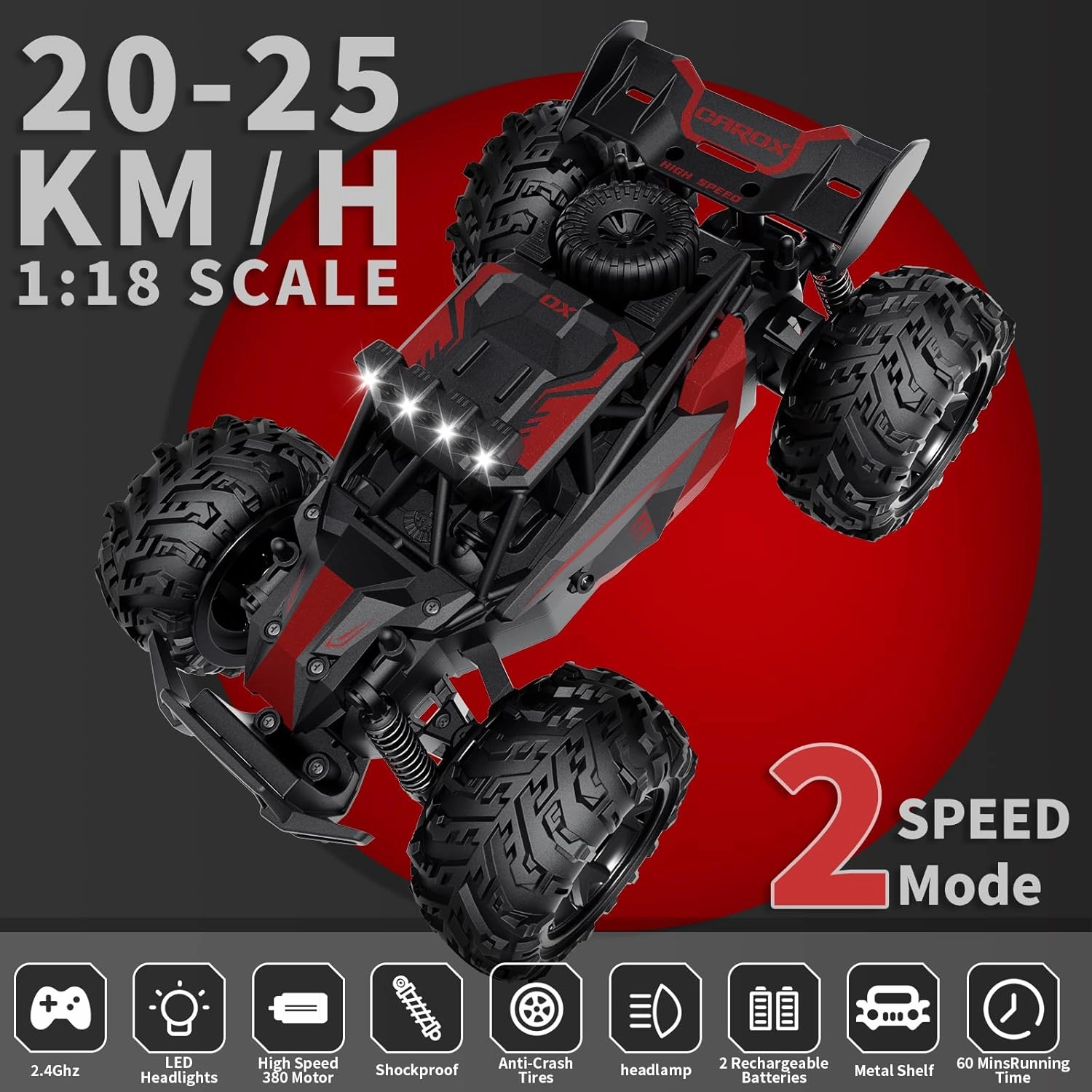 Remote Control Car, 2.4GHz 20-25KM/H Variable Speed Turbo 2-Speed Acceleration High Speed RC Car, 1:16 Off-Road Monster Truck with LED Lights and 1800mAh Rechargeable Battery – Ideal Gift for Boys 6