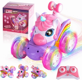 Remote Control Car Unicorn for Girls 360° Rotating 4WD Stunt RC Cars with Cute Cool LED Lights, 2.4GHz Toy Car USB Direct Charging RC Cars Birthday Gifts for Kids Girl Age 3-6 7-9