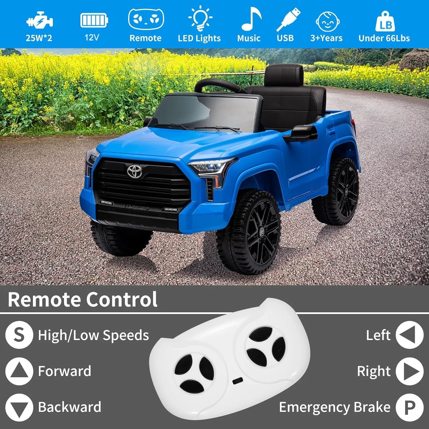 Ride on Truck Car, 12V Licensed Toyota Tundra Ride on Car w/Remote Control, Battery Powered Electric Car with4 Wheels Spring Suspension, 3 Speeds, LED Lights, Gift for 3  Kids-Blue