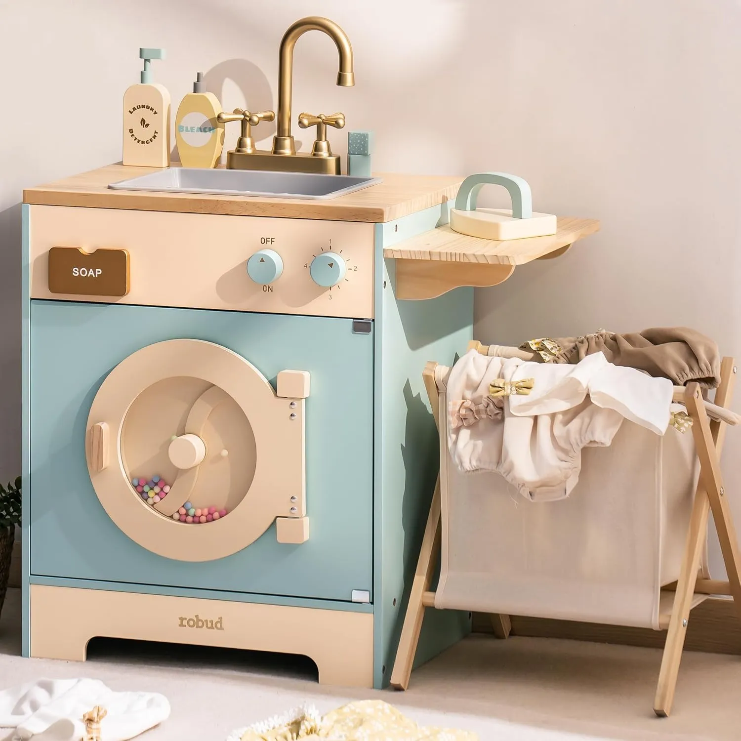 ROBUD Wooden Laundry Playset, Washer and Dryer Set for Kids, Realistic Pretend Play Washing Machine with Basket, Iron, Soap, Bleach, Laundry Detergent, Gift for Boys & Girls, Ages 3 