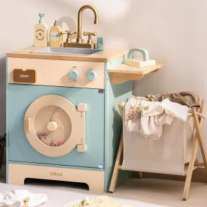 ROBUD Wooden Laundry Playset, Washer and Dryer Set for Kids, Realistic Pretend Play Washing Machine with Basket, Iron, Soap, Bleach, Laundry Detergent, Gift for Boys & Girls, Ages 3 