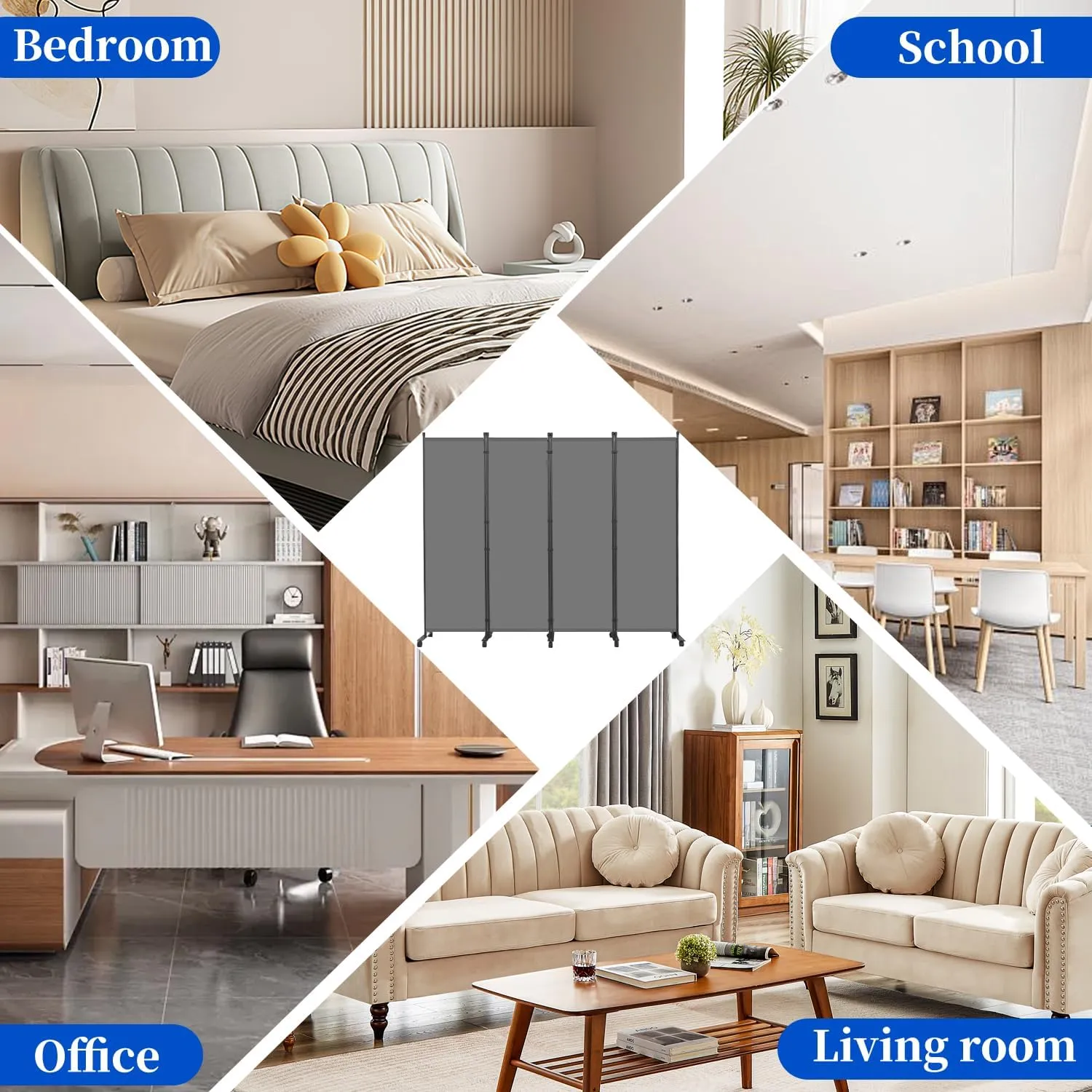 Room Divider 6FT Room Partition with Lockable Wheels,4 Panel (Thicked Metal Base) Room Dividers, Freestanding Indoor Folding Privacy Screens, Portable Fabric Wall Divider for Room Separation, Grey