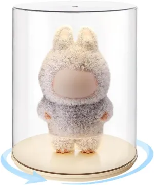 Rotating Display Case for Plush Doll with Sticker Circular Transparent Storage Box Protective Waterproof Cover for Mini Cotton Dolls Action Figures
