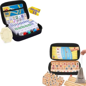 Rummy Cube 6 Player Upgraded Edition with 6 Wooden Racks Mexican Train Dominoes Set Double 15