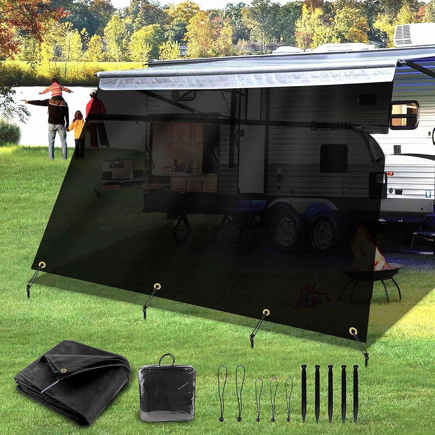 RV Awning Shade Screen with Zipper 8'x14'3", RV Awning Fabric Replacement Complete Kits for Trailer Camper, RV Awning 230GSM 8.2oz, 600D Durable Mesh Blocks 88% Sunlight, Improves Shade&Privacy