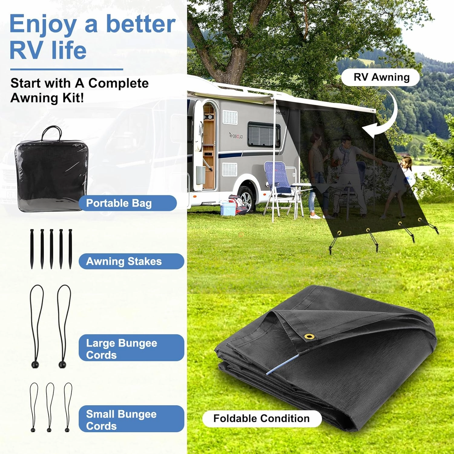 RV Awning Shade Screen with Zipper 8'x14'3", RV Awning Fabric Replacement Complete Kits for Trailer Camper, RV Awning 230GSM 8.2oz, 600D Durable Mesh Blocks 88% Sunlight, Improves Shade&Privacy