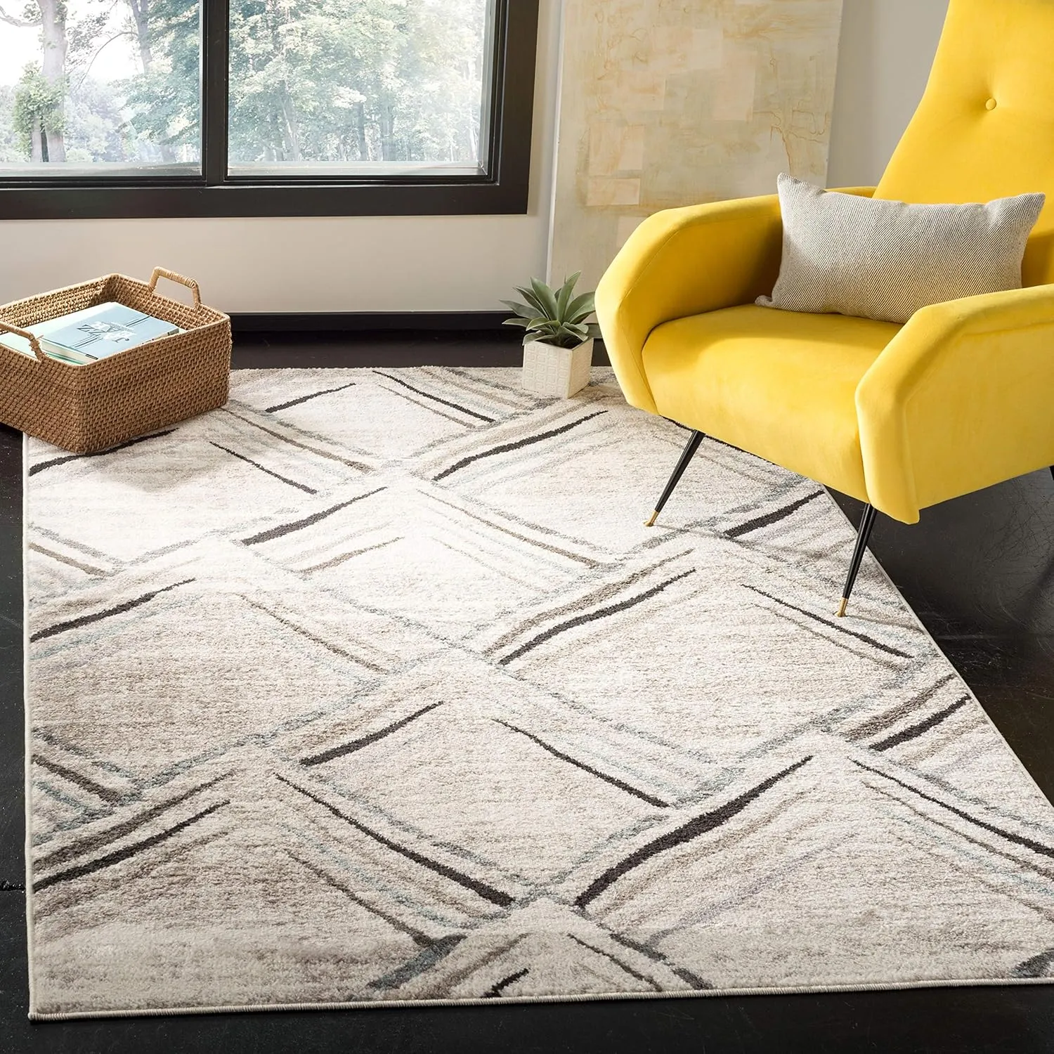 SAFAVIEH Amsterdam Collection Area Rug - 5'1" Square, Cream & Charcoal, Modern Design, Ideal for High Traffic Areas in Living Room, Bedroom, Dining (AMS112A-5SQ)