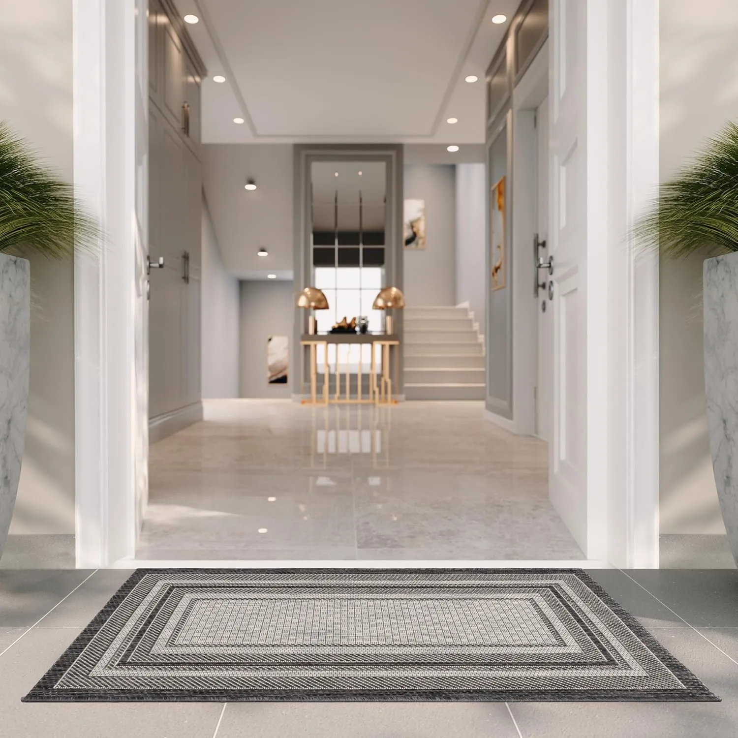 SAFAVIEH Courtyard Collection Accent Rug - 2'3" x 4', Light Grey & Black, Non-Shedding & Easy Care, Indoor/Outdoor & Washable-Ideal for Patio, Backyard, Mudroom (CY8475-37612)