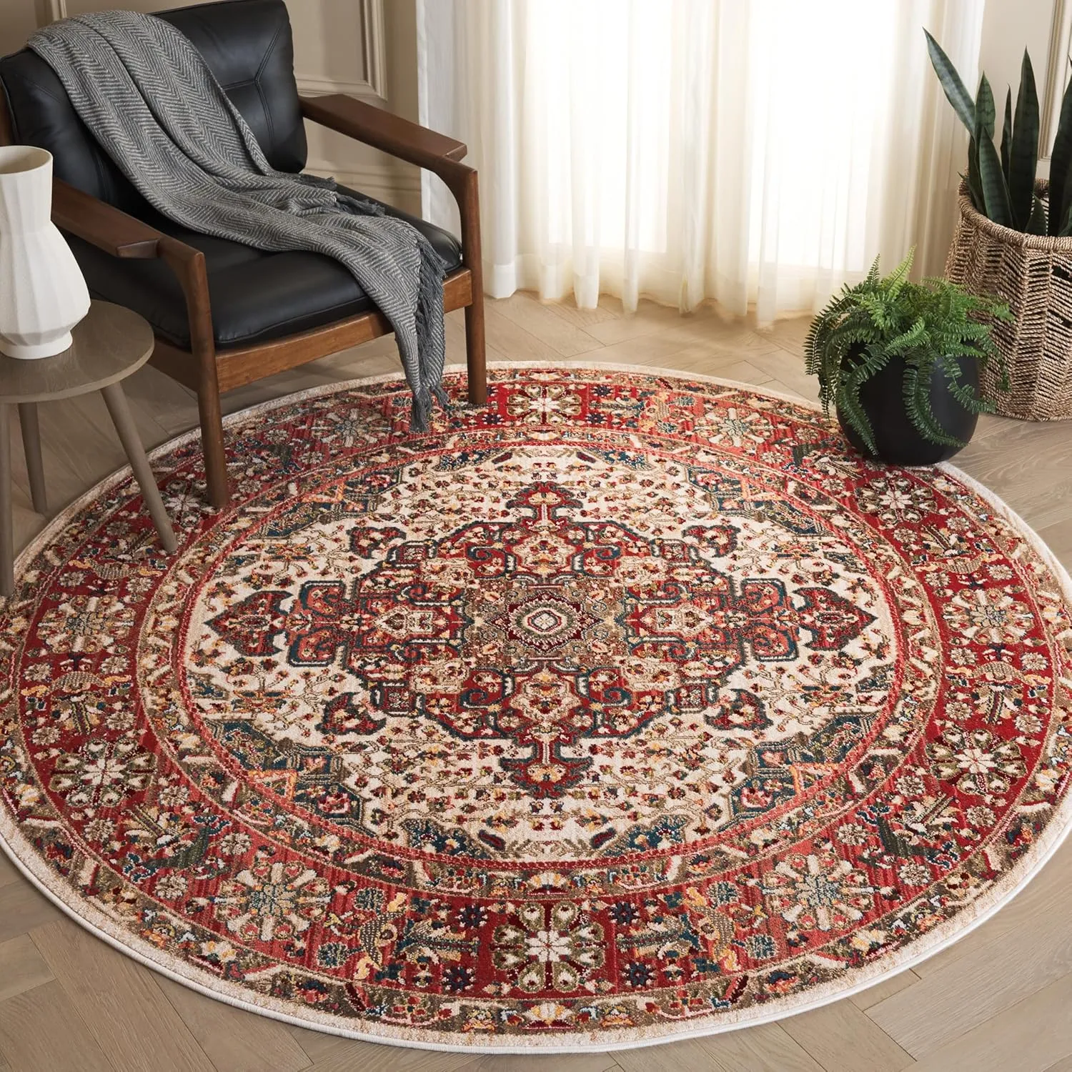 SAFAVIEH Kashan Collection Area Rug - 6'7" Round, Ivory & Blue, Non-Shedding & Easy Care, Ideal for High Traffic Areas in The Living Room, Dining, Bedroom (KSN305B)