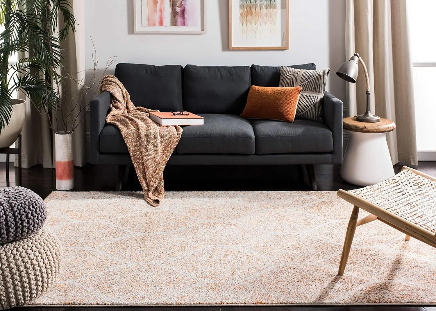 SAFAVIEH Madison Collection 9' Square CreamOrange MAD604H Glam Ogee Trellis Distressed Non-Shedding Living Room Dining Bedroom Area Rug