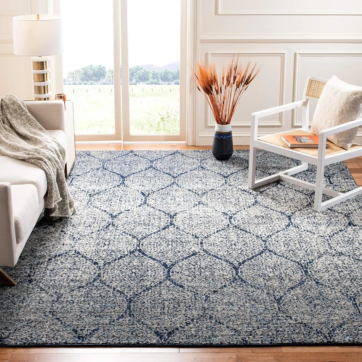 SAFAVIEH Madison Collection Area Rug - 6'7" Square, Navy & Silver, Glam Ogee Trellis Distressed Design, Non-Shedding & Easy Care, Ideal for High Traffic Areas in Living Room, Bedroom (MAD604G)