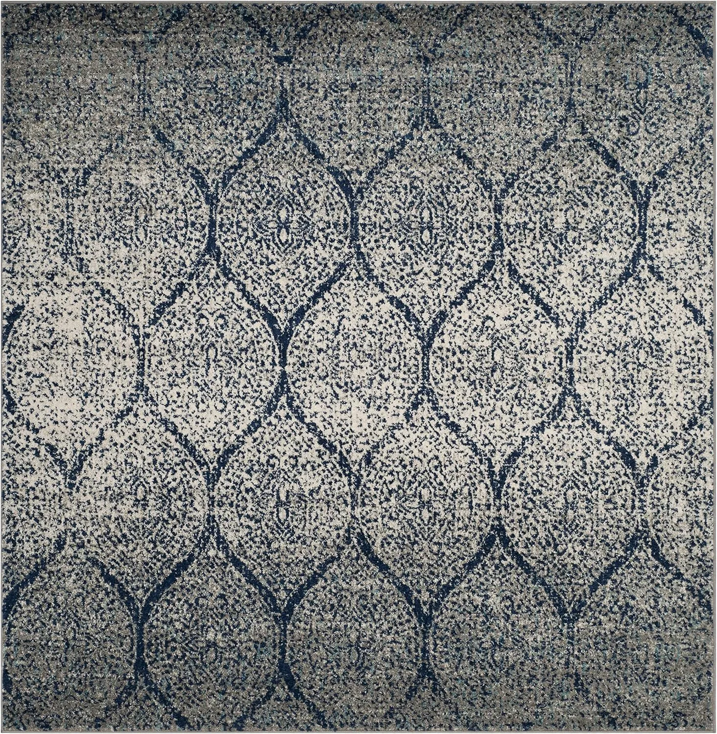 SAFAVIEH Madison Collection Area Rug - 6'7" Square, Navy & Silver, Glam Ogee Trellis Distressed Design, Non-Shedding & Easy Care, Ideal for High Traffic Areas in Living Room, Bedroom (MAD604G)